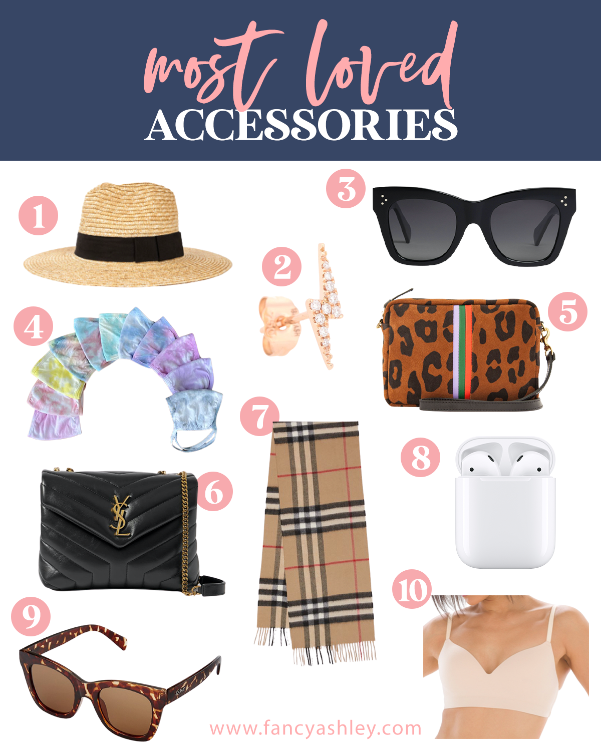 Like To Know It by popular Houston life and style blog, Fancy Ashley: collage image of a straw hat, black frame sungalsses, leopard print crossbody bag, tie dye face masks, air pods, ysl purse, tortoise shell frame sunglasses, lightning bolt rhinestone earrings, bralette, and plaid scarf. 