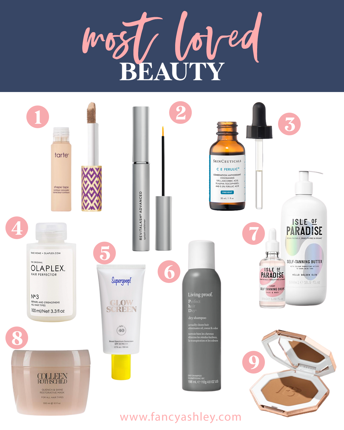 Like To Know It by popular Houston life and style blog, Fancy Ashley: collage image of tarte concealer, lash serum, face oil, olaplex shampoo, supergoop glow screen, living proof dry shampoo, bronzer, isle of paradise self tanning drops and lotion, and Colleen Rothschild face moisturizer.  