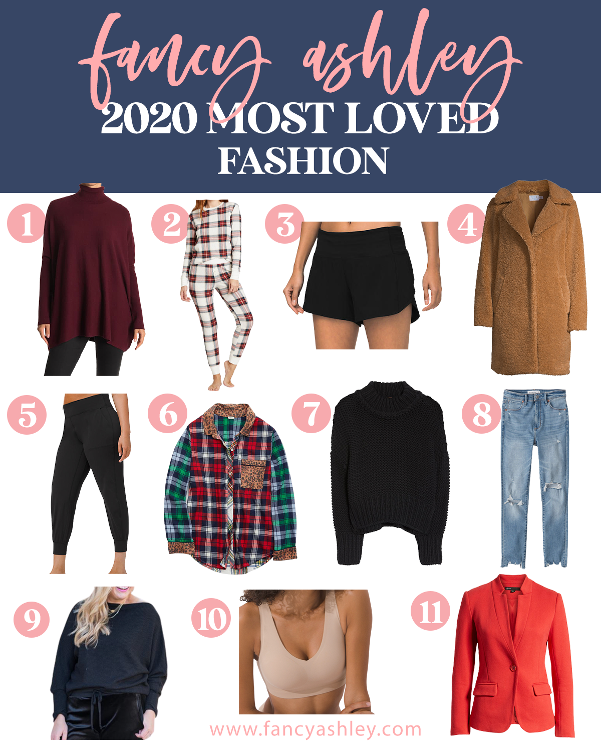 2020 Fashion by popular Houston fashion blog, Fancy Ashley: collage image of a plaid pajama set, plaid and leopard print button up shirt, mock neck black sweater, black joggers, distressed denim, red blazer, tan sports bra, maroon turtleneck, brown wubby fleece jacket, black workout shorts, and a blue drop shoulder long sleeve shirt. 