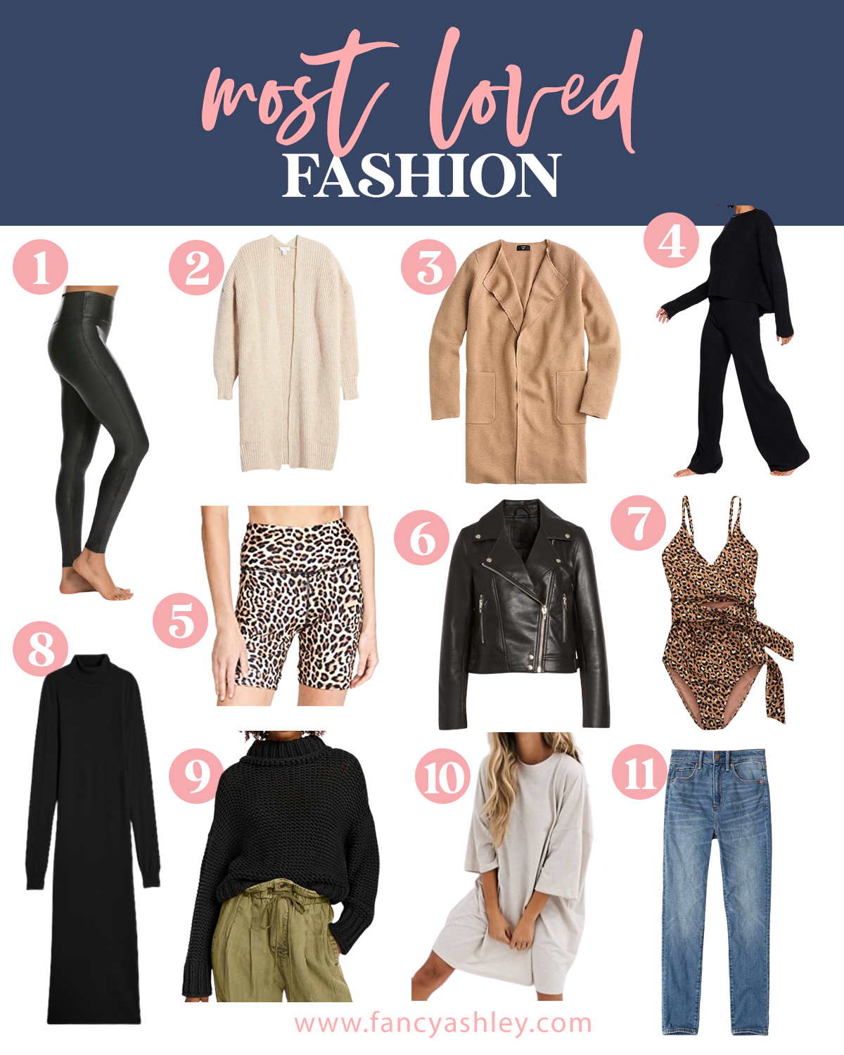 Like To Know It by popular Houston life and style blog, Fancy Ashley: collage image of faux leather leggings, duster cardigan, wool jacket, sweater set, leopard print biker shorts, black leather jacket, leopard print one piece swimsuit, black turtle neck maxi dress, paper bag pants, sweatshirt dress, and jeans. 