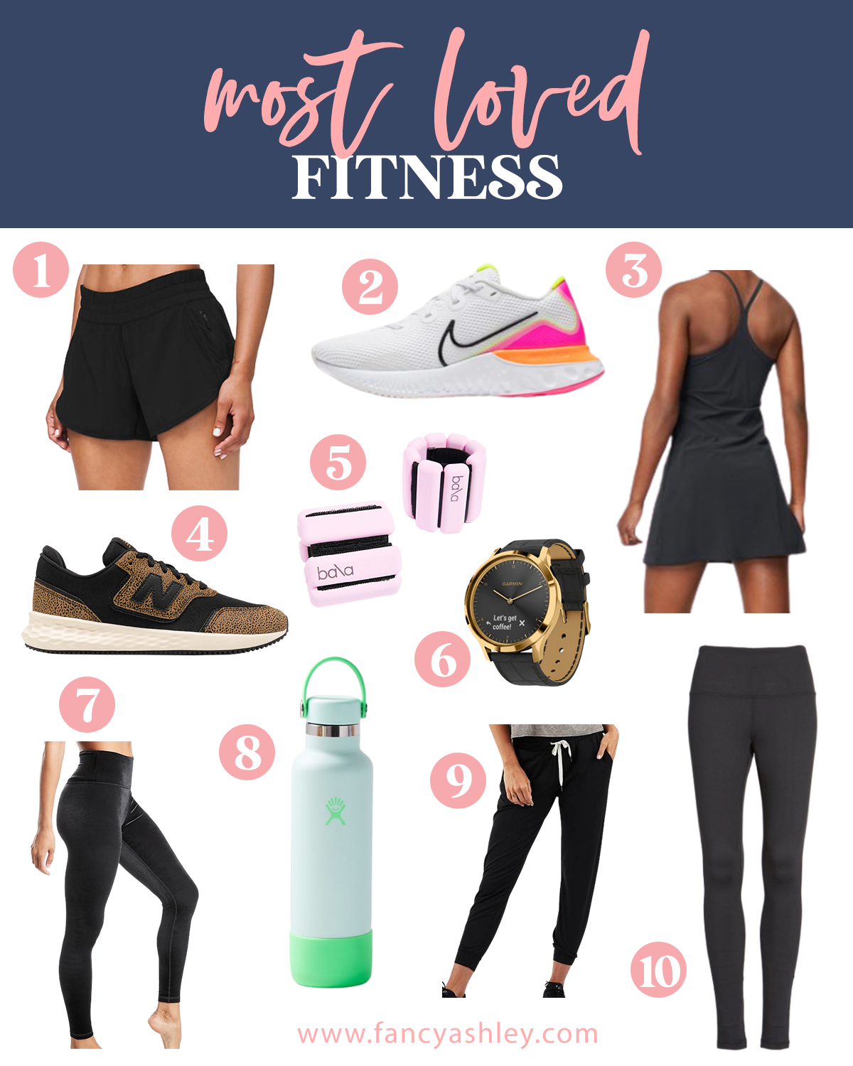 Like To Know It by popular Houston life and style blog, Fancy Ashley: collage image of black running shorts, leopard print nikes, neon nikes, athletic skirt and top, watch, black draw string pants, Hydro Flax water bottle, and black leggings, 