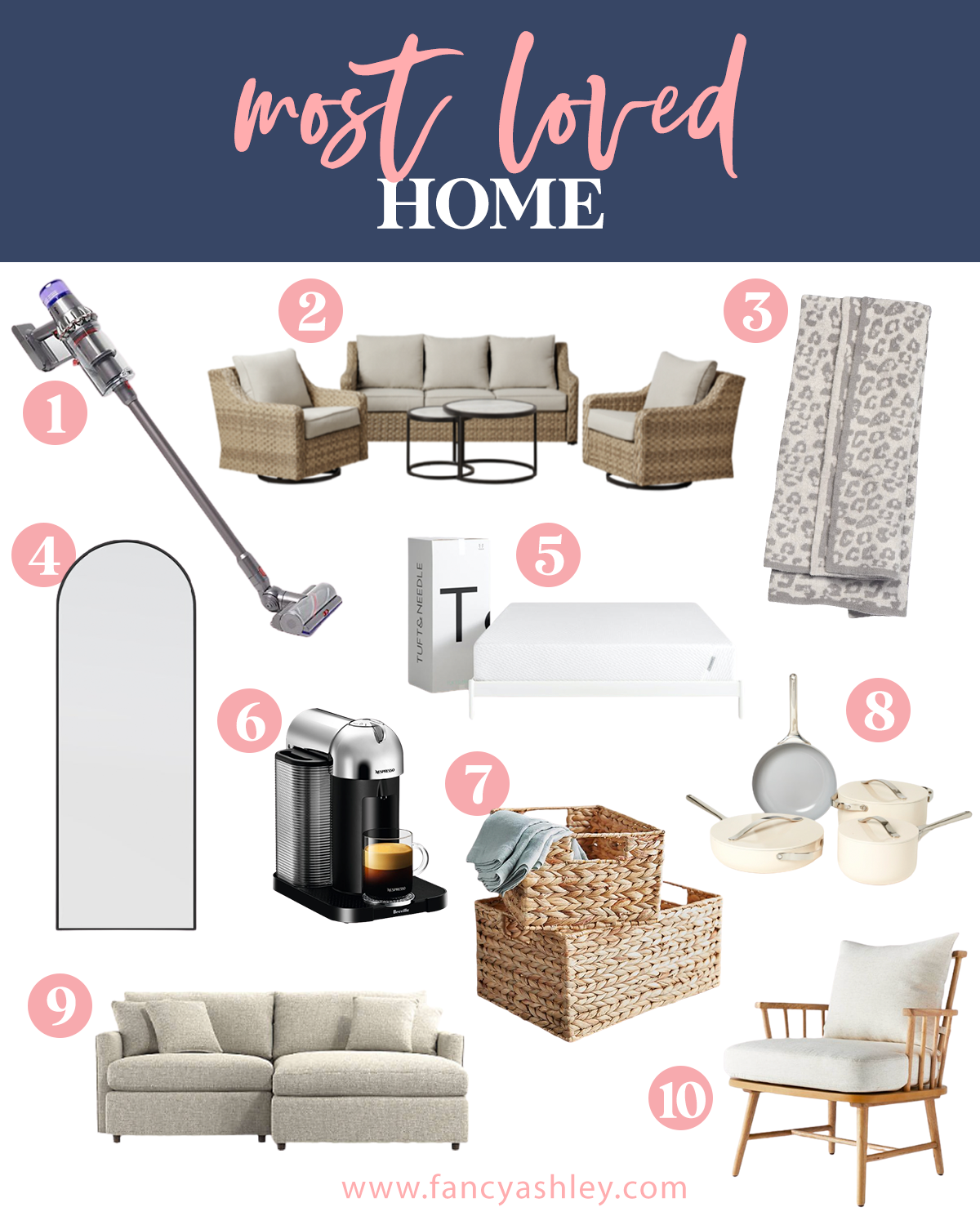 Like To Know It by popular Houston life and style blog, Fancy Ashley: collage image of Dyson cordless vacuum, outdoor patio funiture set, barefoot dreams blanket, full body floor mirror, hyacinth baskets, coffee maker, white cookware set, grey sectional couch, and white wood frame chair. 