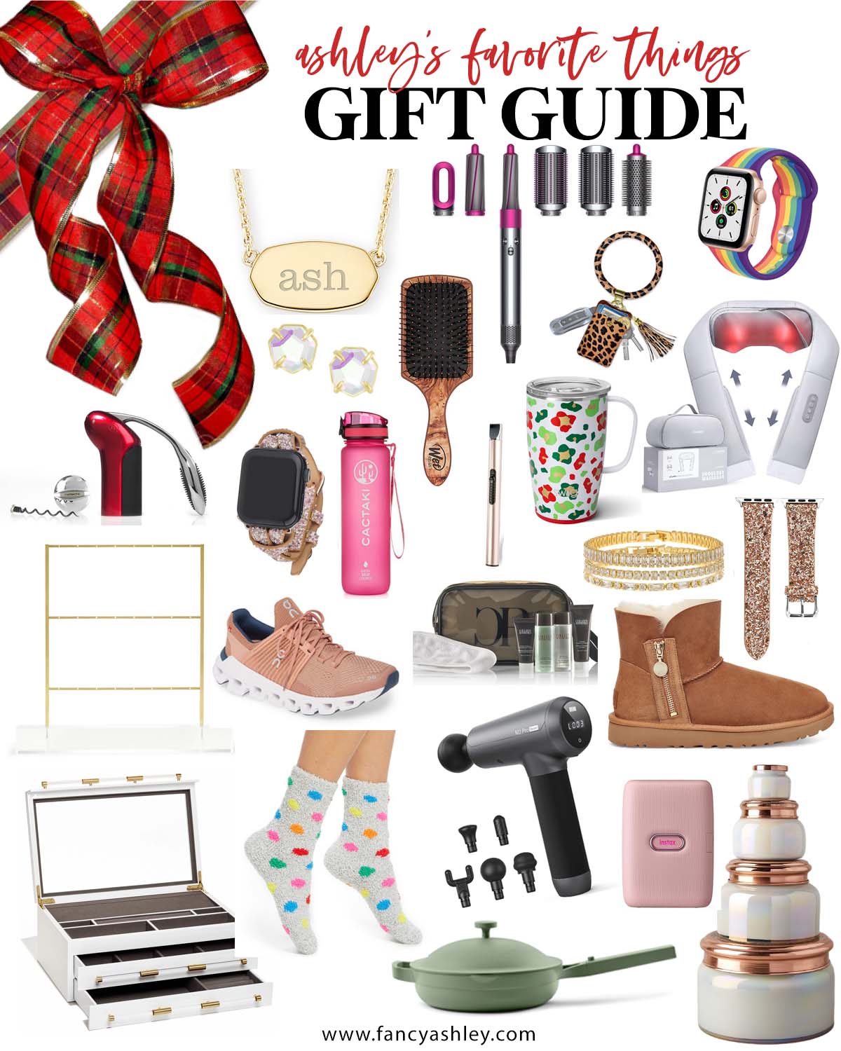 Favorite Things Gift Ideas by popular Houston life and style blog, Fancy Ashley: collage image of personalized necklace, paddle brush, Always pan, ugg boots, apple watch band, neck massager, key ring, Dyson hair tool, massager, storage jars, instax photo printer, jewelry box, rhinestone bracelets, rhinestone stud earrings, travel mug, water bottle, and USB lighter. 