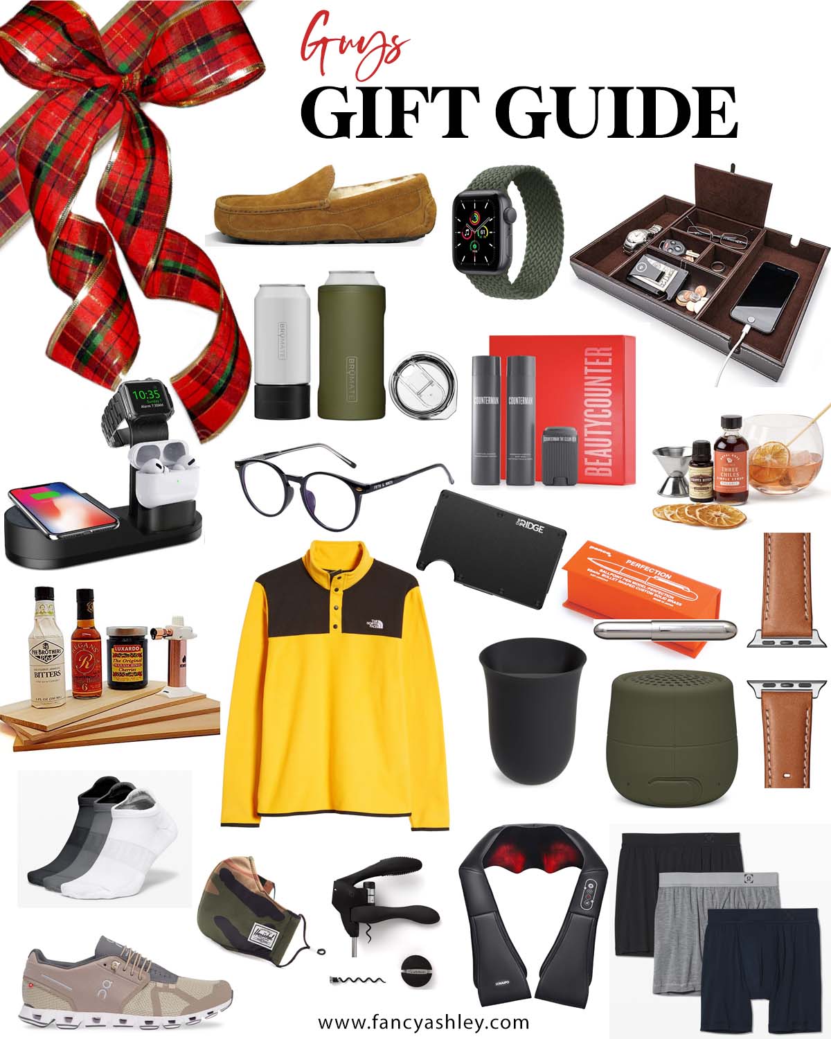 Gift Ideas for Men by popular Houston life and style blog, Fancy Ashley: collage image of blue light glasses, watch band, socks, face mask, charging station, neck massager, slippers, boxer briefs, bbq sauce set, desk organizer, portable speaker, bullet pen, Beauty Counter for men and Northface pullover.