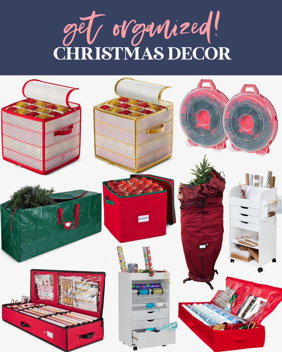 After Christmas Organization by popular Houston lifestyle blog, Fancy Ashley: collage image of a Christmas tree storage bag, ornament storage bins, wrapping paper caddy, wrapping paper storage boxes, and wreath boxes.