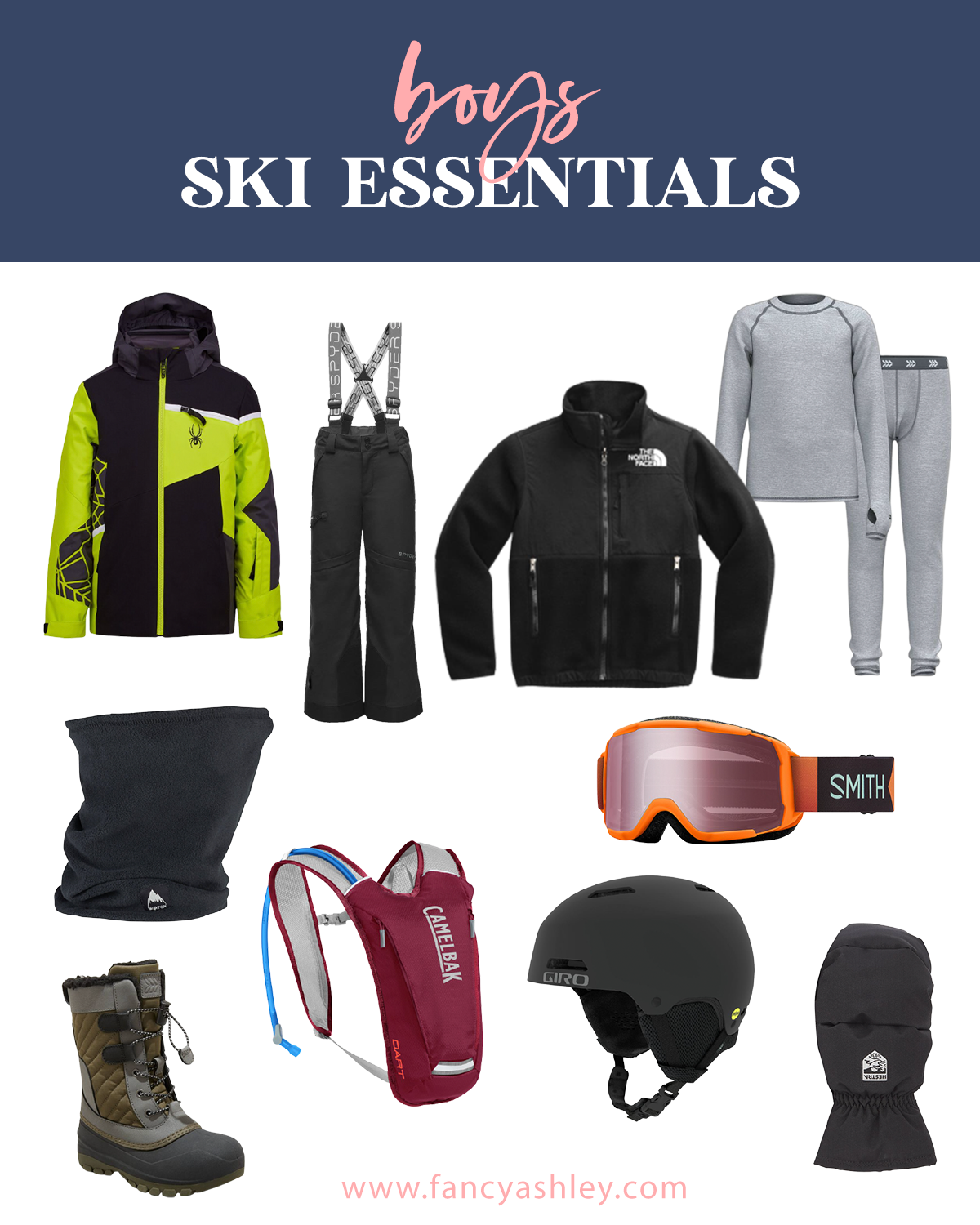 What to Pack for a Ski Trip by popular Houston lifestyle blog, Fancy Ashley: collage image of black snow pants, grey thermal shirt, grey thermal pants, The North Face fleece jacket, neon green and black jacket, black snood, camelbak, black ski helmet, black snow mittens, orange snow goggles, and green and grey snow boots. 