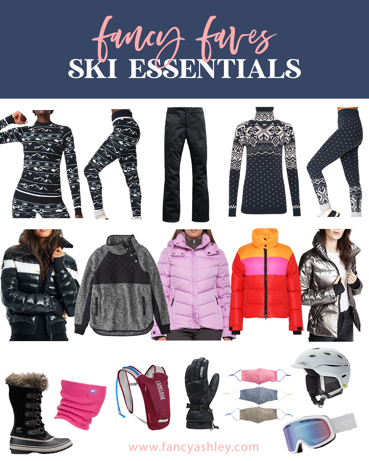 What to Pack for a Ski Trip by popular Houston lifestyle blog, Fancy Ashley: collage image of black and white print thermals, black snow pants, blue and white nordic turtleneck sweater, blue and white nordic print pants, black and white stripe puffer jacket, fleece pullover, light purple puffer jacket, red pink and oragne puffer jacket, silver ski jacket, Sorel fur trimmed boots, pink snood, Camelbak, black snow gloves, fabric face masks, white ski helmet, and white snow goggles. 