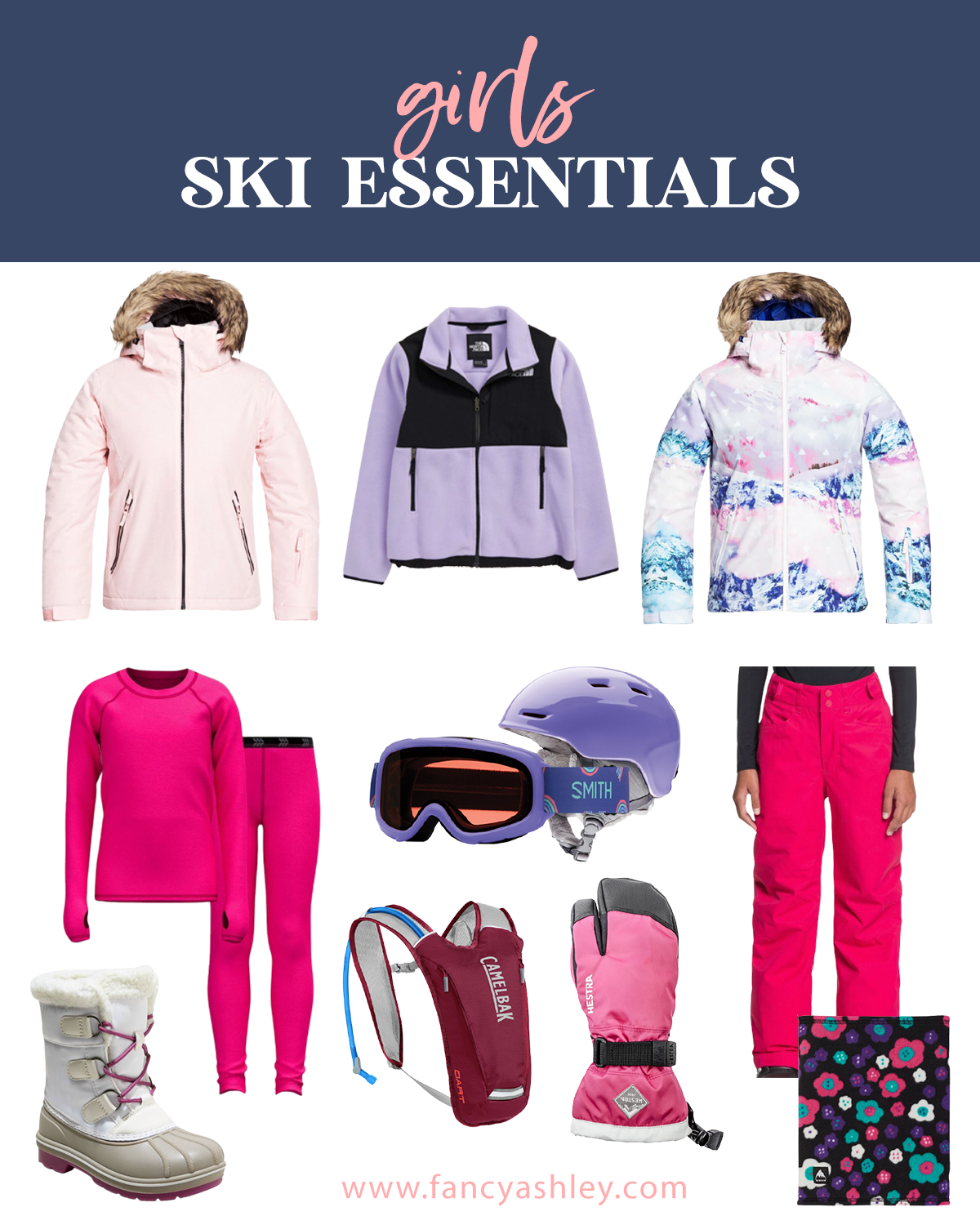 What to Pack for a Ski Trip by popular Houston lifestyle blog, Fancy Ashley: collage image of a the North Face fleece jacket, pink thermals, Camelbak, pink snow mittens, pink snow pants, white fur trimmed snow boots, purple Smith snow goggles and ski helmet, pink fur trimmed coat, floral print snood, and multicolor fur trimmed coat.