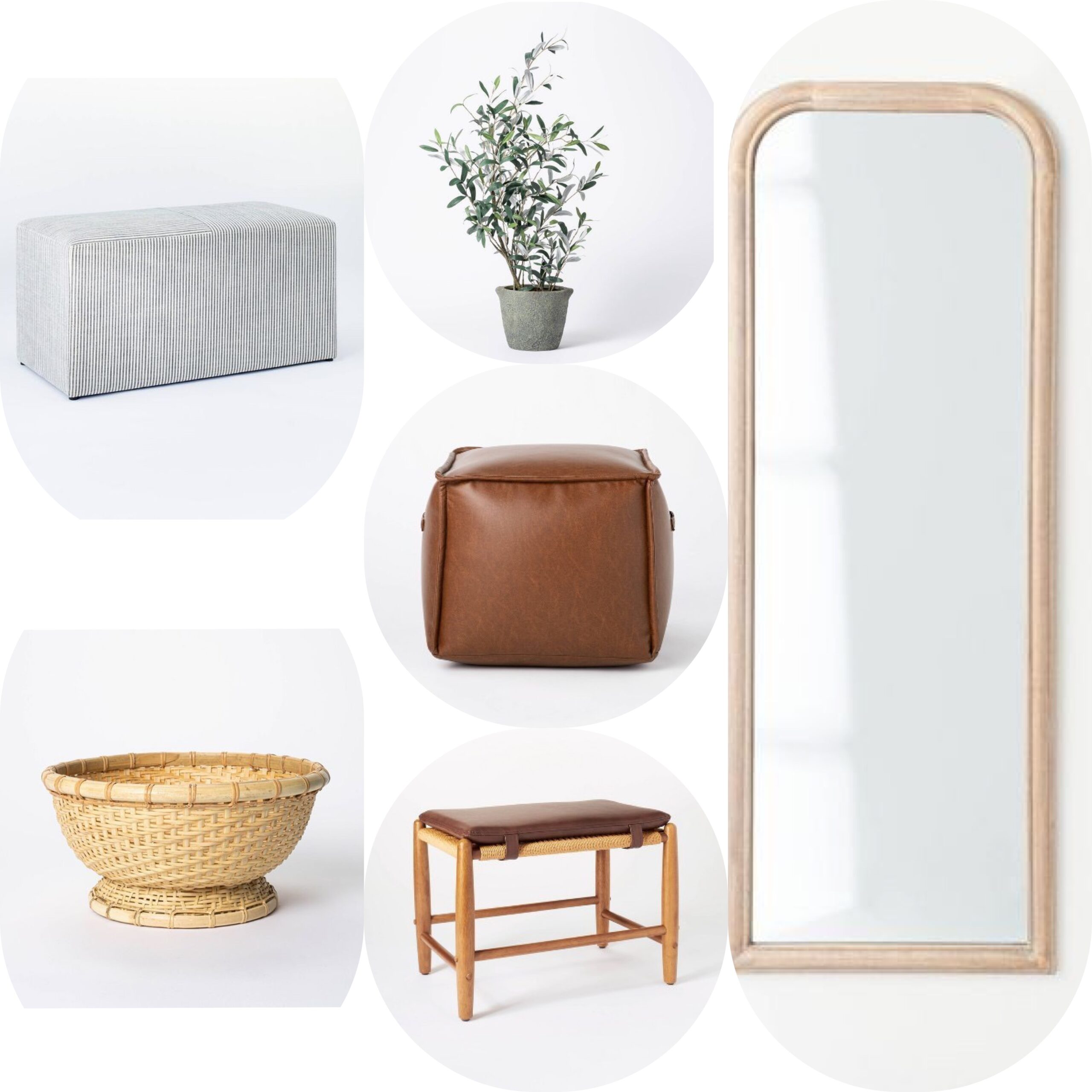 Like To Know It by popular Houston life and style blog, Fancy Ashely: image of a grey and white stripe ottoman, leather ottoman, faux olive tree plant, wood frame floor length mirror, leather and wood stool, and woven bowl. 