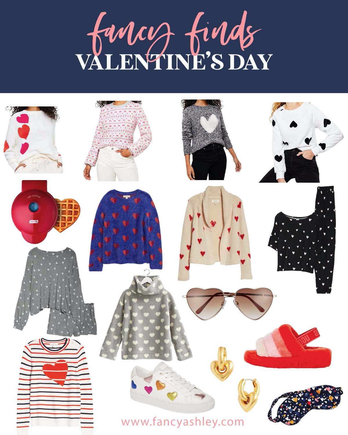 Valentine's Day by popular Houston life and style blog, Fancy Ashley: collage image of Ugg slippers, heart print sweater, heart print shirts, heart print sneakers, heart print sleep mask, heart print pajama sets, heart shape sunglasses, gold heart earrings, and heart shape waffle iron. 
