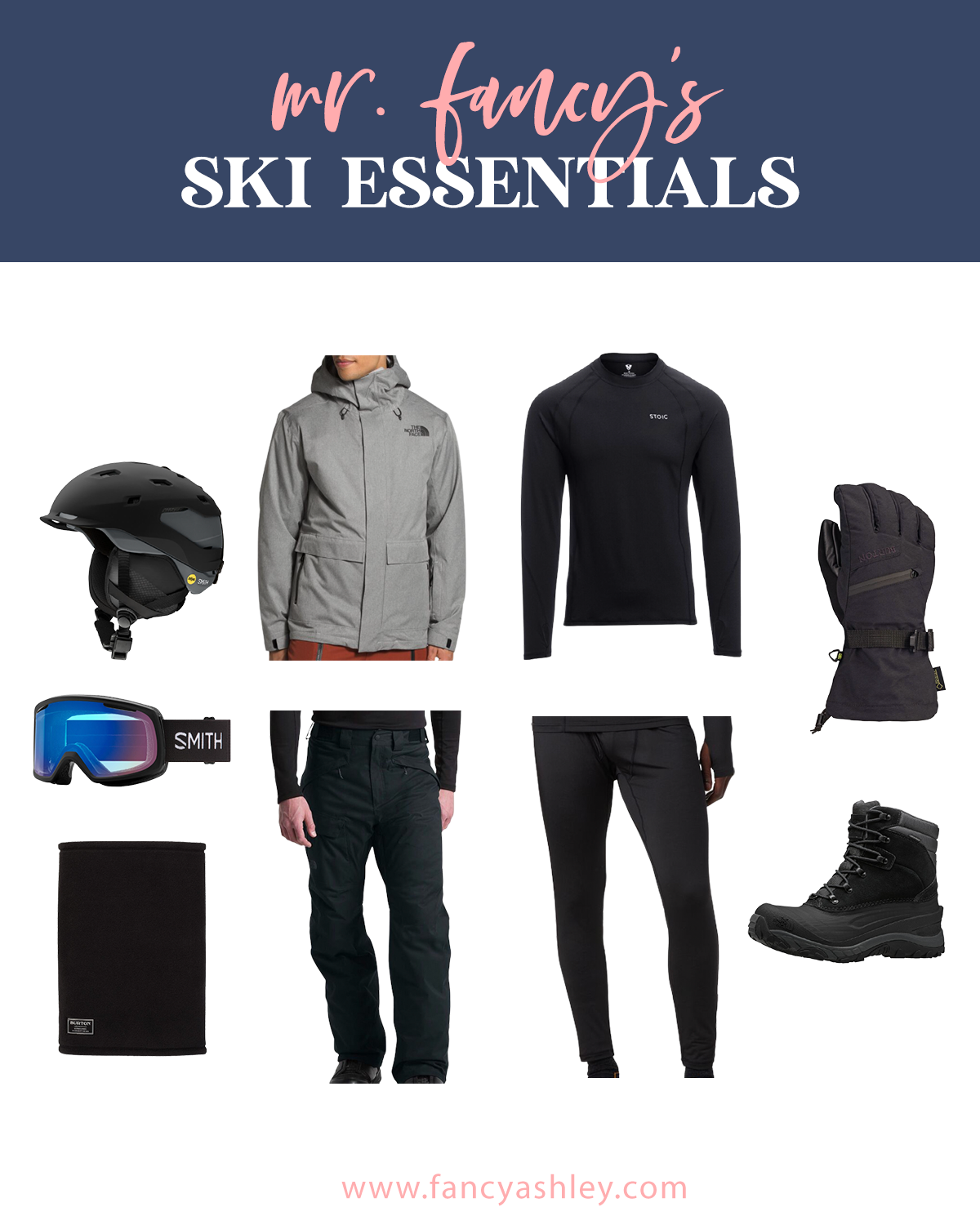 What to Pack for a Ski Trip by popular Houston lifestyle blog, Fancy Ashley: collage image of a black ski helmet, The North Face jacket, black ski gloves, Smith snow goggles, black snow pants, black snood, black snow boots, black thermal pants, and a black thermal top. 