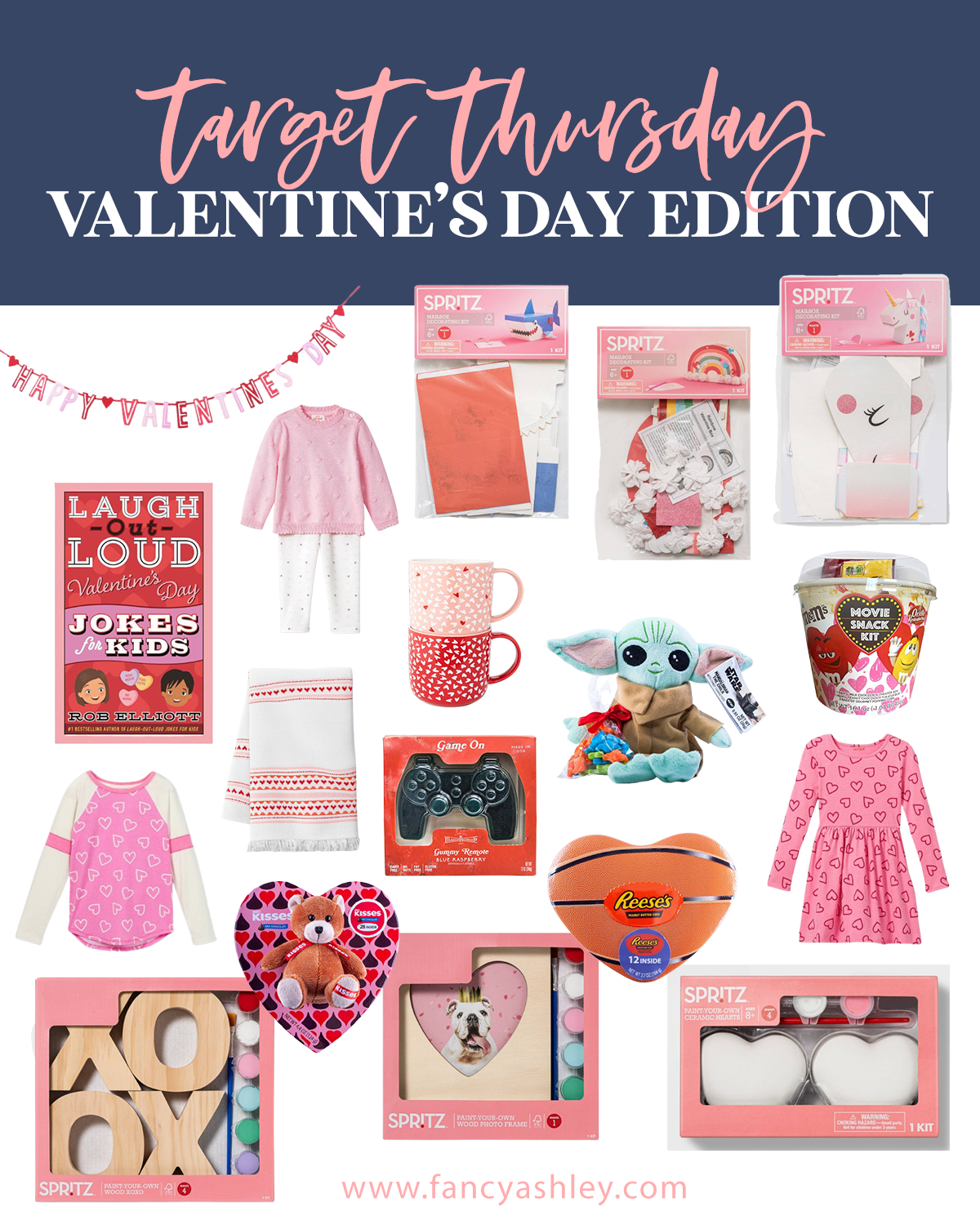 Target Valentine's Day Ideas by popular Houston lifestyle blog, Fancy Ashley: collage image of a Valentine's Day garland, heart mugs, Laugh Out Loud Jokes for kids, gummy controller, Spitz wooden x o craft sign, wooden heart frame craft, Spitz ceramic hearts, pink and red heart print dress, baby Yoda doll, heart print dish towel, unicorn Valentine's box kit, heart print baseball t-shirt, and M & Ms movie pack. 