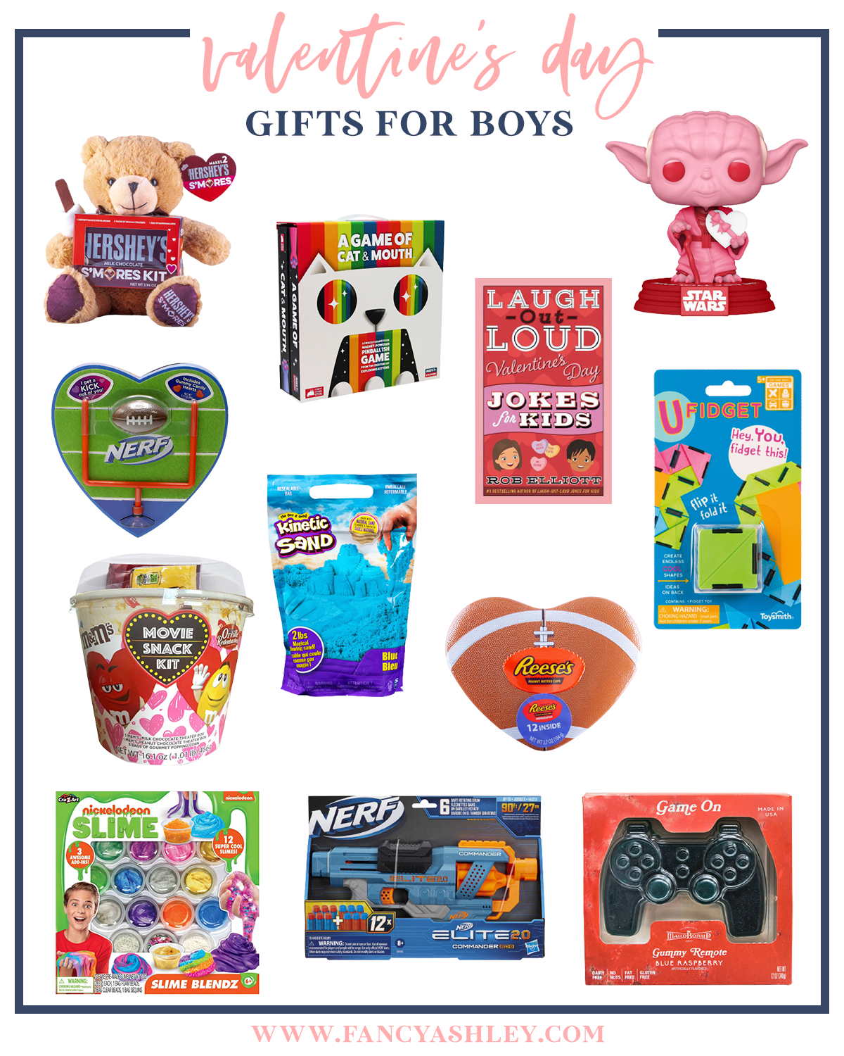 Valentine's Day Gift Ideas for Kids by popular Houston life and style blog, Fancy Ashley: collage image of a a stuffed Hershey bear, Laugh out Loud jokes for kids, gummy game controller, slime kit, Nerf gun, A Game of Cat and Mouth, mini Nerf football set, M&M's movie snack kit, kinetic sand, Yoda bobble head, U fidget, and Reese's heart shaped football candy.