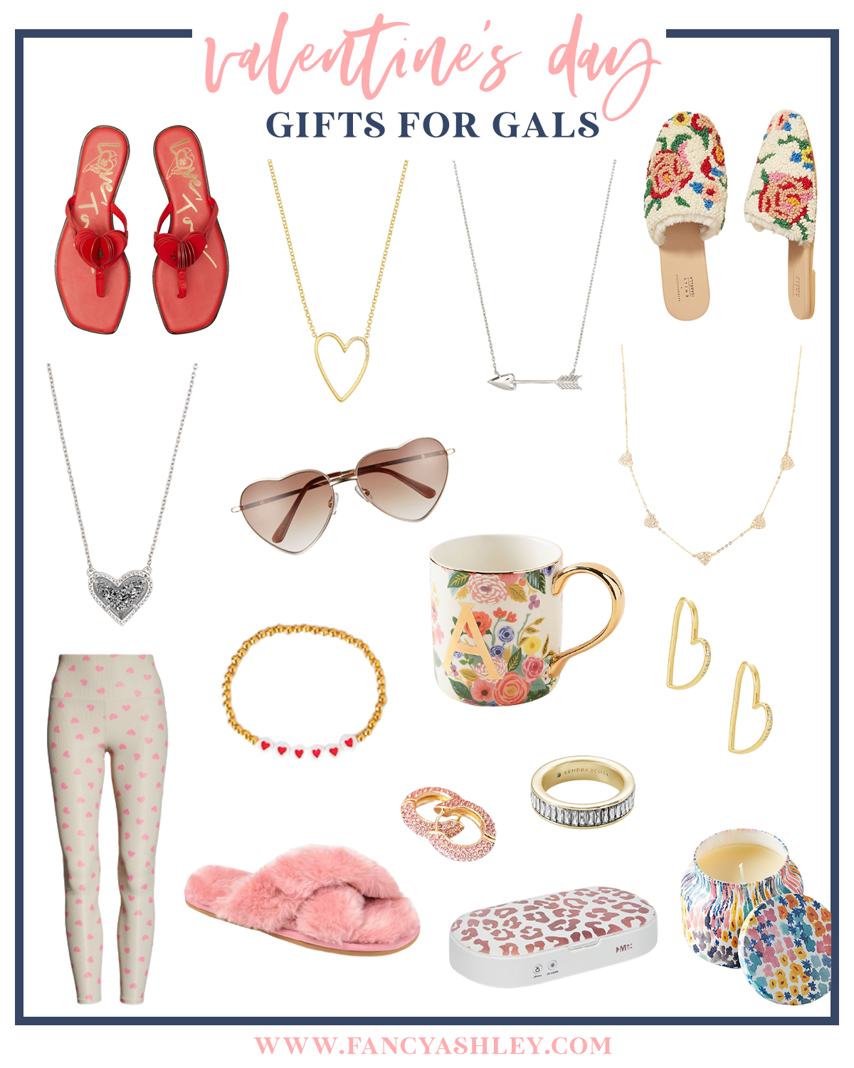 Valentine's Day Gift Ideas by popular Houston life and style blog, Fancy Ashley: collage image of red flip flop sandals, heart frame sunglasses, monogram floral print mug, heart hoop earrings, gold and heart bead bracelet, cz ring, pink fuzzy slippers, heart pendant necklace, arrow necklace, gold heart necklace, pink cz hoop earrings, candle, floral print mules, heart print leggings, and uv light sanitzer. 