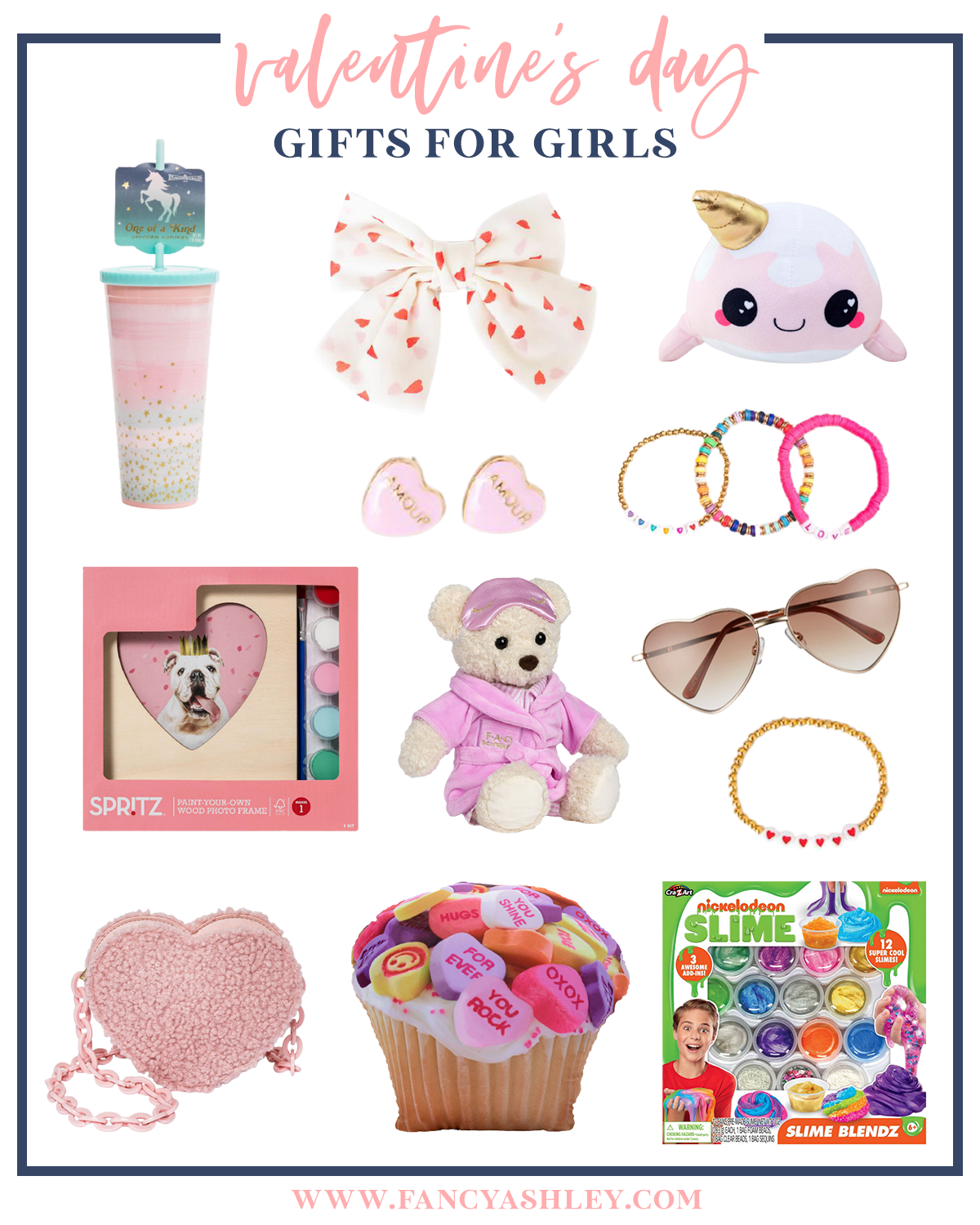 Valentine's Day Gift Ideas for Kids by popular Houston life and style blog, Fancy Ashley: collage image of a white and red heart print bow, rainbow bead bracelets, heart shaped sunglasses, heart shaped purse, slime kit, unicorn tumbler, Spritz heart frame paint kit, gold and heart beat stretch bracelet, candy heart cupcake pillow, heart earrings, and stuffed narwhal. 