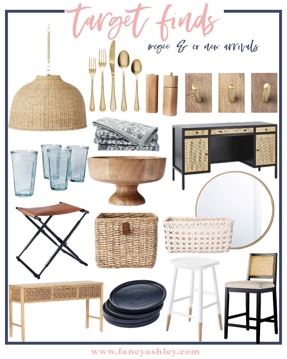 McGee & Co by popular Houston life and style blog, Fancy Ashley: collage image of McGee & Co blue glasses, McGee & Co gold flatware, McGee & Co gold and wood wall hooks, McGee and Co round mirror, McGee & Co, floral print cloth napkins, McGee & Co blue stool, McGee & Co wooden salt and pepper grinders, McGee & Co white wicker basket, McGee & Co wooden bowl, McGee & Co black plates, McGee & Co black stool, McGee & Co console table, McGee & Co wicker pendant light, and McGee & Co leather seat. 