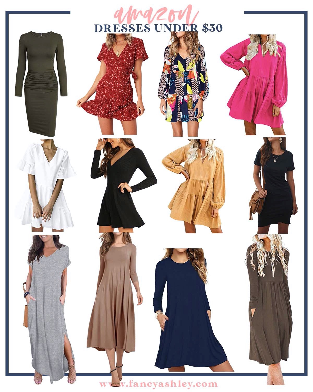 Amazon Dresses Under $30 by popular Houston fashion blog, Fancy Ashley: collage image of Amazon dresses. 