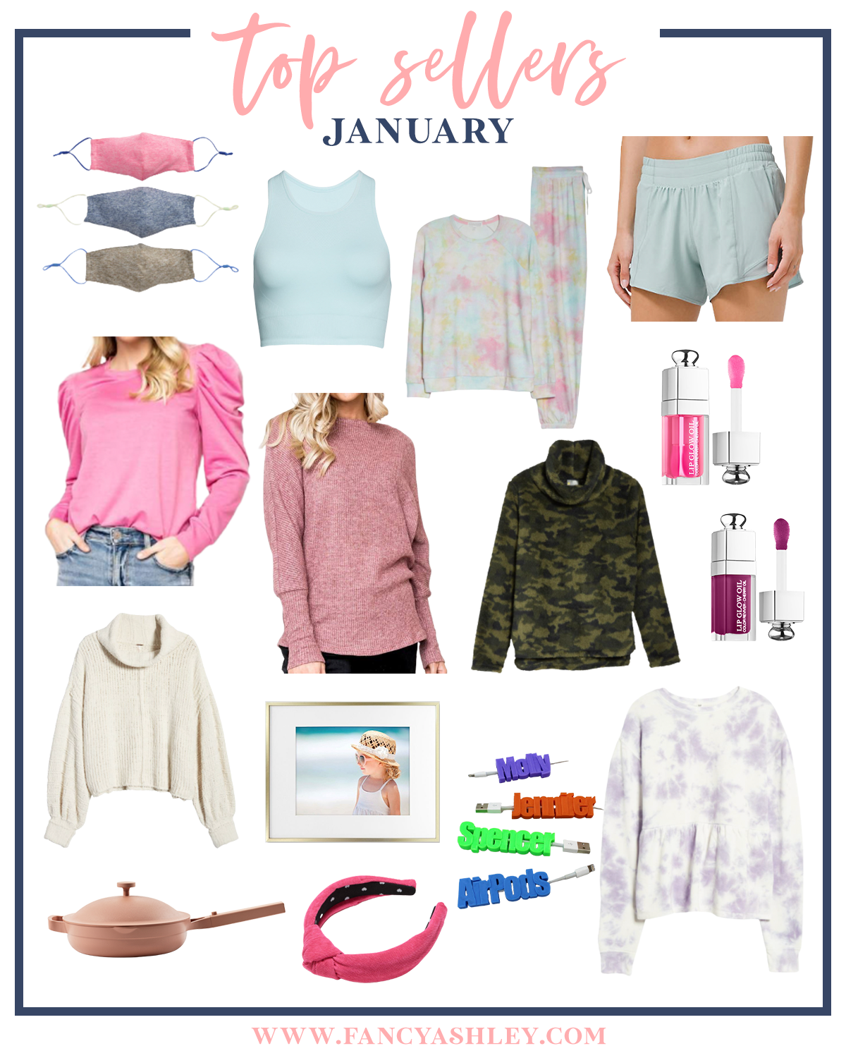 January Top Sellers by popular Houston life and style blog, Fancy Ashley: collage image of face masks, blue tank top, tie dye loungewear set, blue shorts, pink puff sleeve top, pink mock neck sweater, fleece camo cowl sweater, cream turtleneck sweater, pink knot headband, purple and white tie dye peplum top, gold picture frame, name hair clips, Everyday pan, and lip oil.  