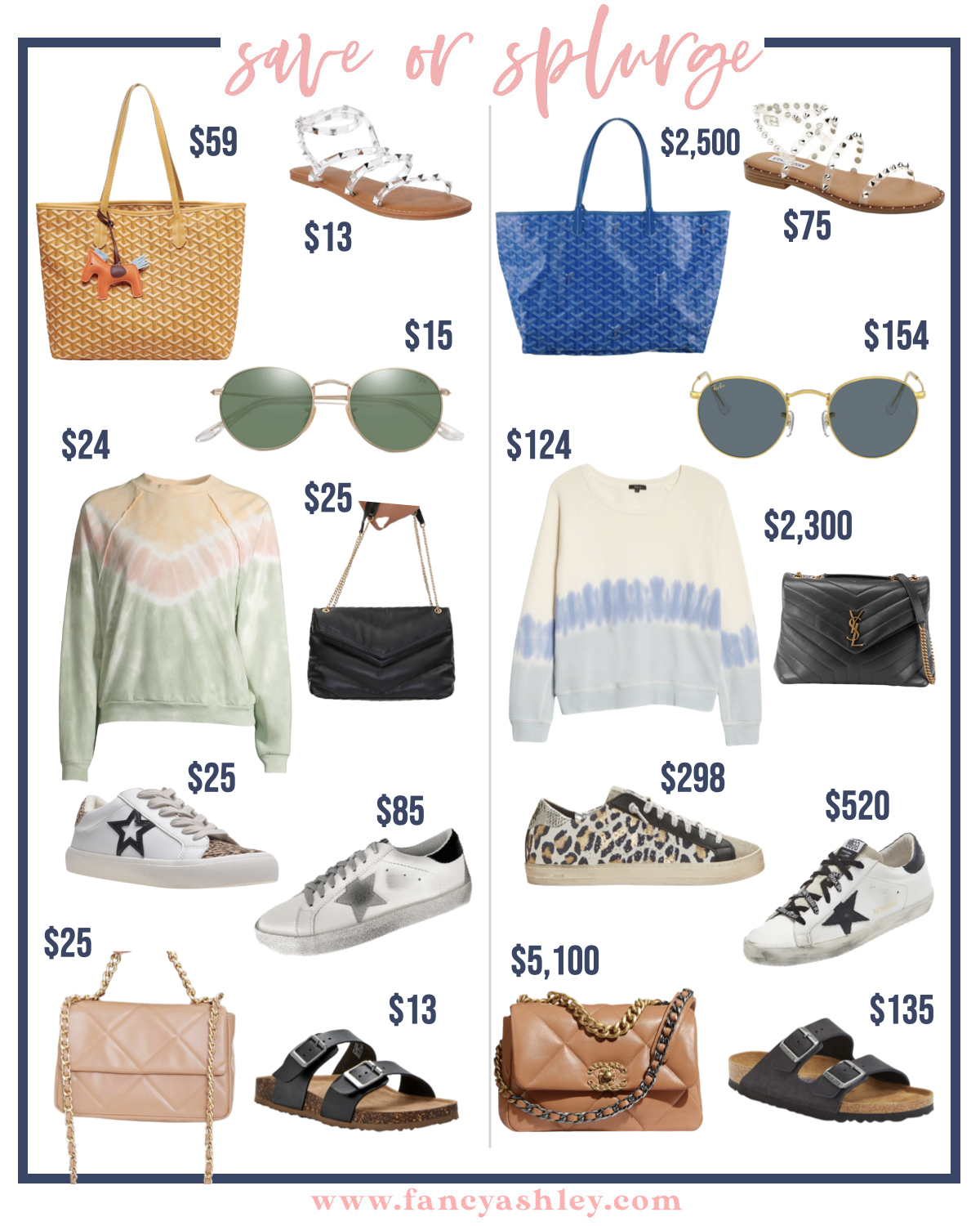 Save or Splurge by popular Houston fashion blog, Fancy Ashley: collage image of a woven bag, tie dye sweatshirts, clear strap studded sandals, aviator sunglasses, black and gold chain purse, white star print sneakers, leopard print sneakers, brown and gold chain purse, black strap slide sandals. 