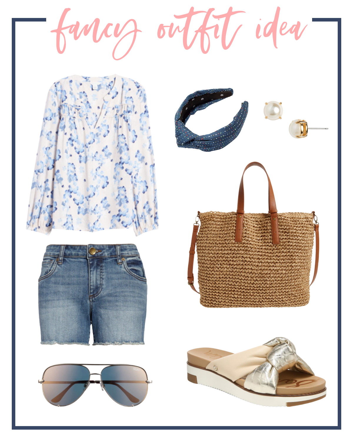Denim Shorts by popular Houston fashion blog, Fancy Ashley: image of a blue and white floral blouse, denim shorts, aviator sunglasses, gold slide sandals, blue knot headband, pearl stud earrings, and straw tote bag. 