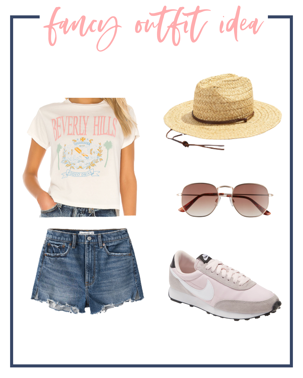 Denim Shorts by popular Houston fashion blog, Fancy Ashley: image of a Beverly Hill graphic t-shirt, denim shorts, straw hat, sunglasses, and nike sneakers. 