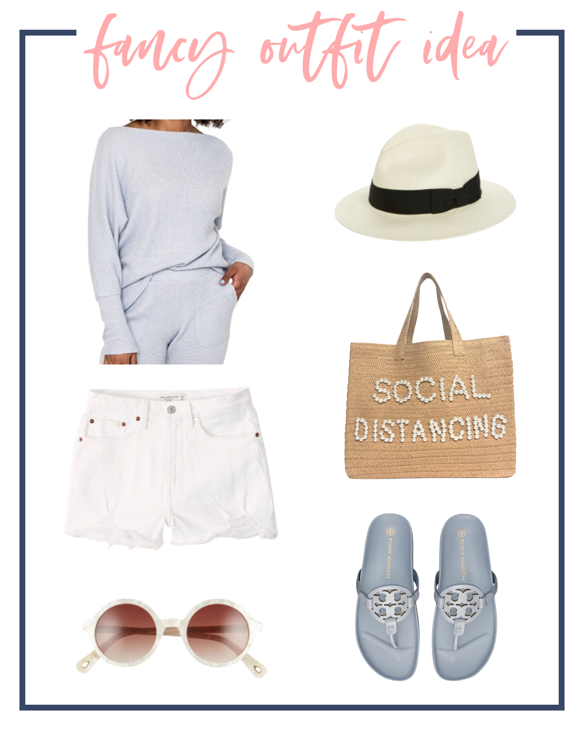 Denim Shorts by popular Houston fashion blog, Fancy Ashley: image of a grey rib knit blouse, white fedora hat, grey Tory Burch slide sandals, round frame sunglasses, white denim shorts, and a social distancing straw tote bag. 