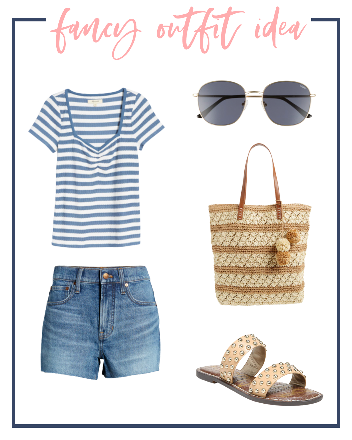 Denim Shorts by popular Houston fashion blog, Fancy Ashley: image of a blue and white stripe t-shirt, sunglasses, denim shorts, studded slide sandals, and a woven tote bag. 