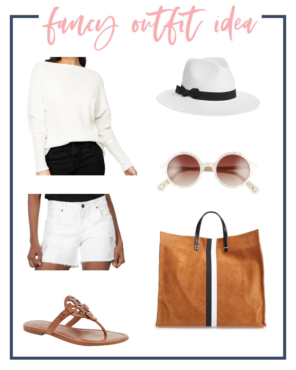 Denim Shorts by popular Houston fashion blog, Fancy Ashley: image of a white long sleeve sweater, white denim shorts, white fedor hat, round sunglasses, brown bag, and brown Tory Burch slide sandals. 
