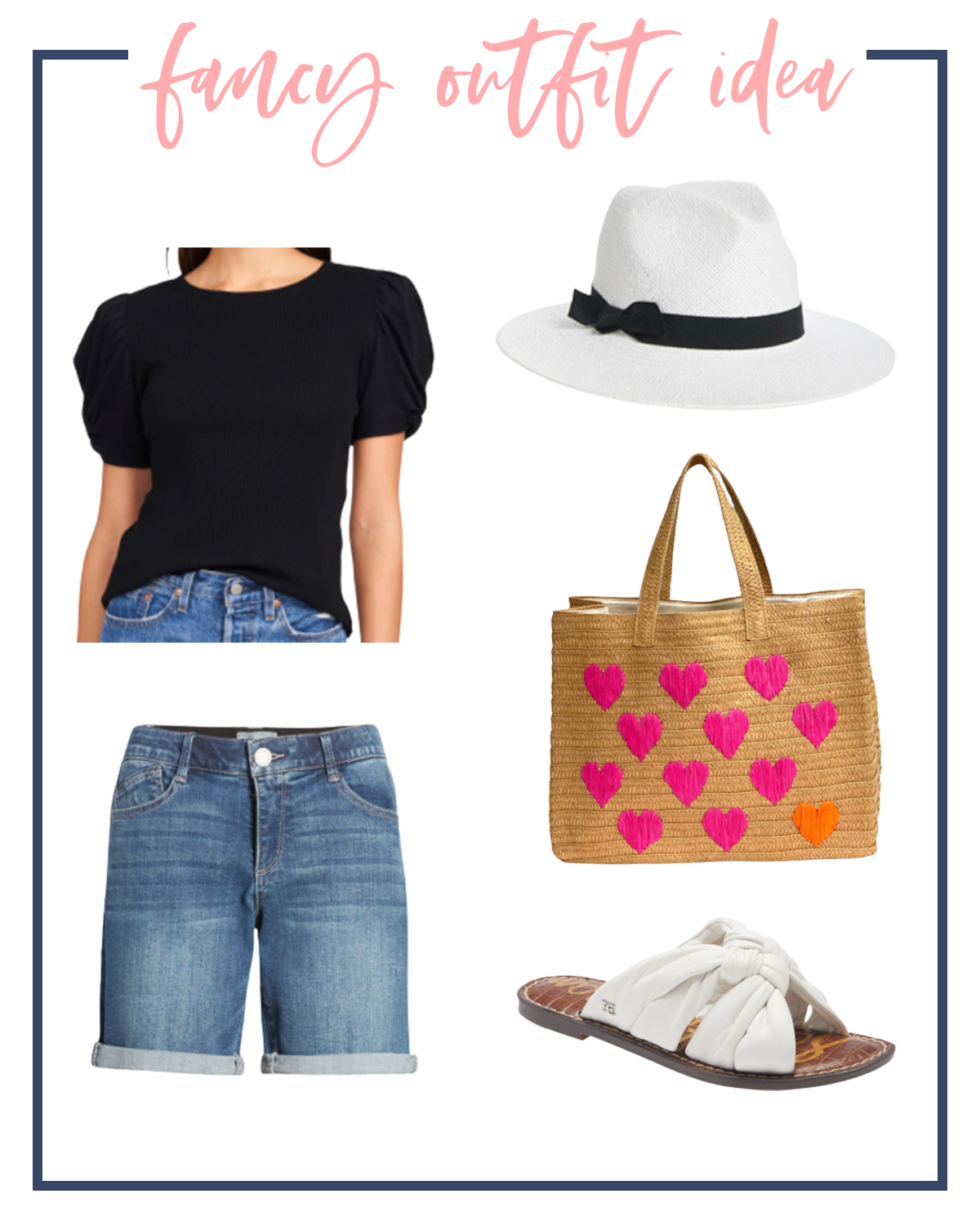 Denim Shorts by popular Houston fashion blog, Fancy Ashley: image of a black puff sleeve shirt, white fedora hat, white slide sandals, denim shorts, and straw heart tote. 