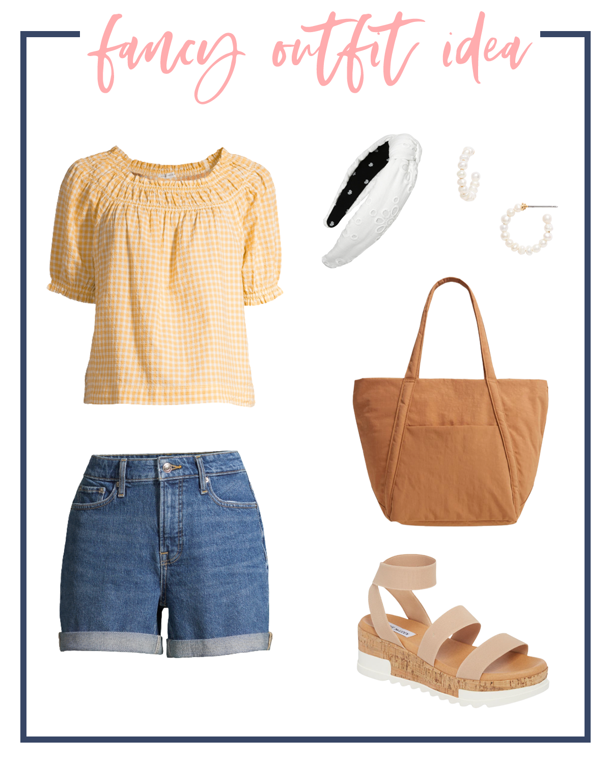 Denim Shorts by popular Houston fashion blog, Fancy Ashley: image of a yellow gingham blouse, white knot headband, white pearl hoop earrings, brown tote, Steve Madden wedge sandals, and cuffed denim shorts. 