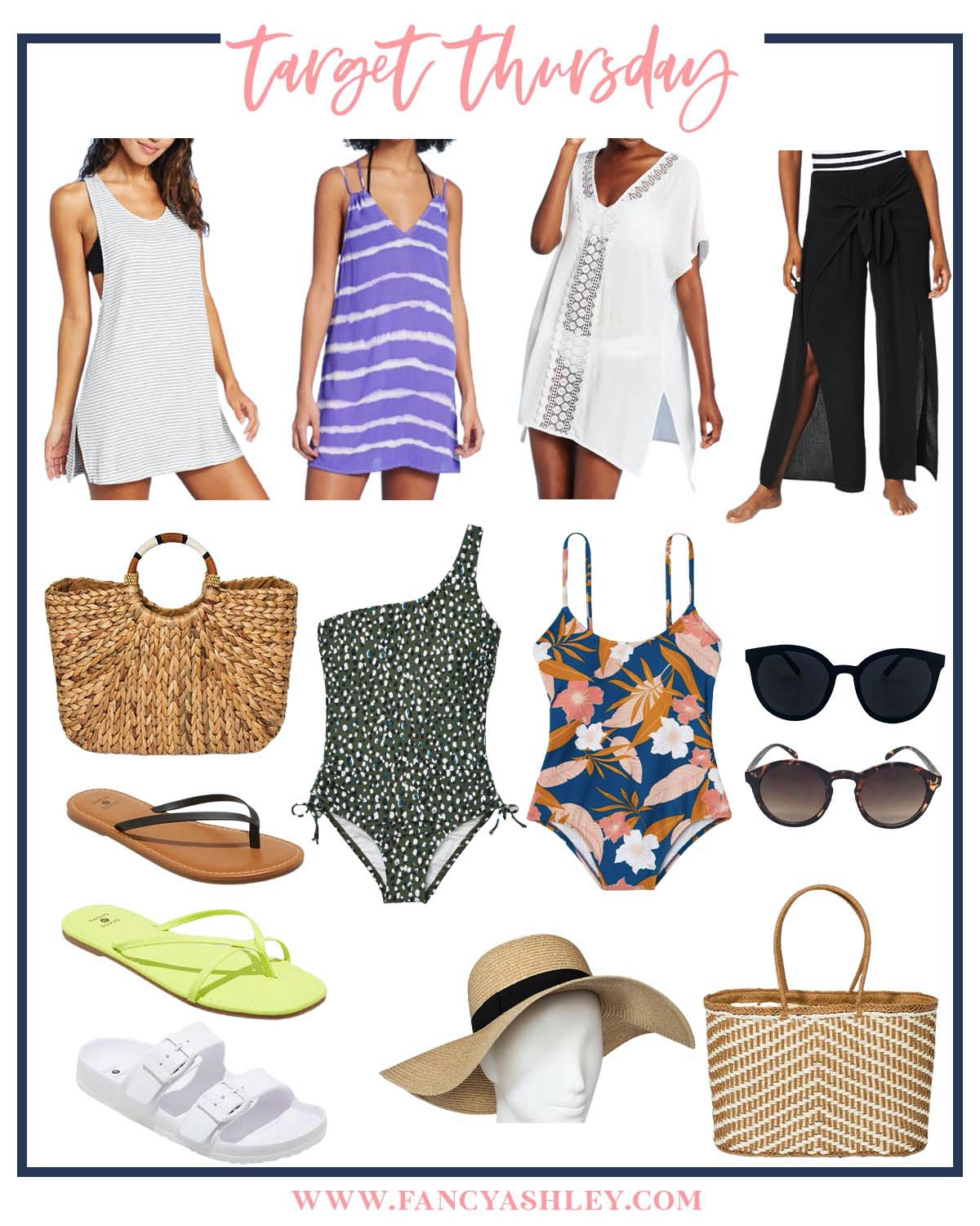 Target Thursday by popular Houston fashion blog, Fancy Ashley: collage image of Target coverups, Target swimsuits, Target sunglasses, Target sandals, Target beach hat, and Target sea grass totes. 