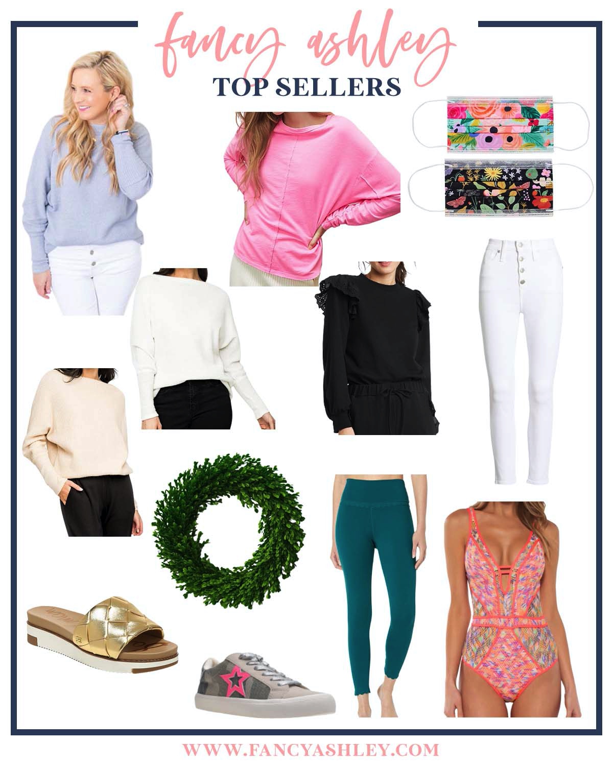 Top Sellers by popular Houston life and style blog, Fancy Ashley: collage image of sweaters, white jeans, swimsuit, Rifle Paper Co. masks, faux boxwood wreath gold slide sandals, and grey sneakers. 