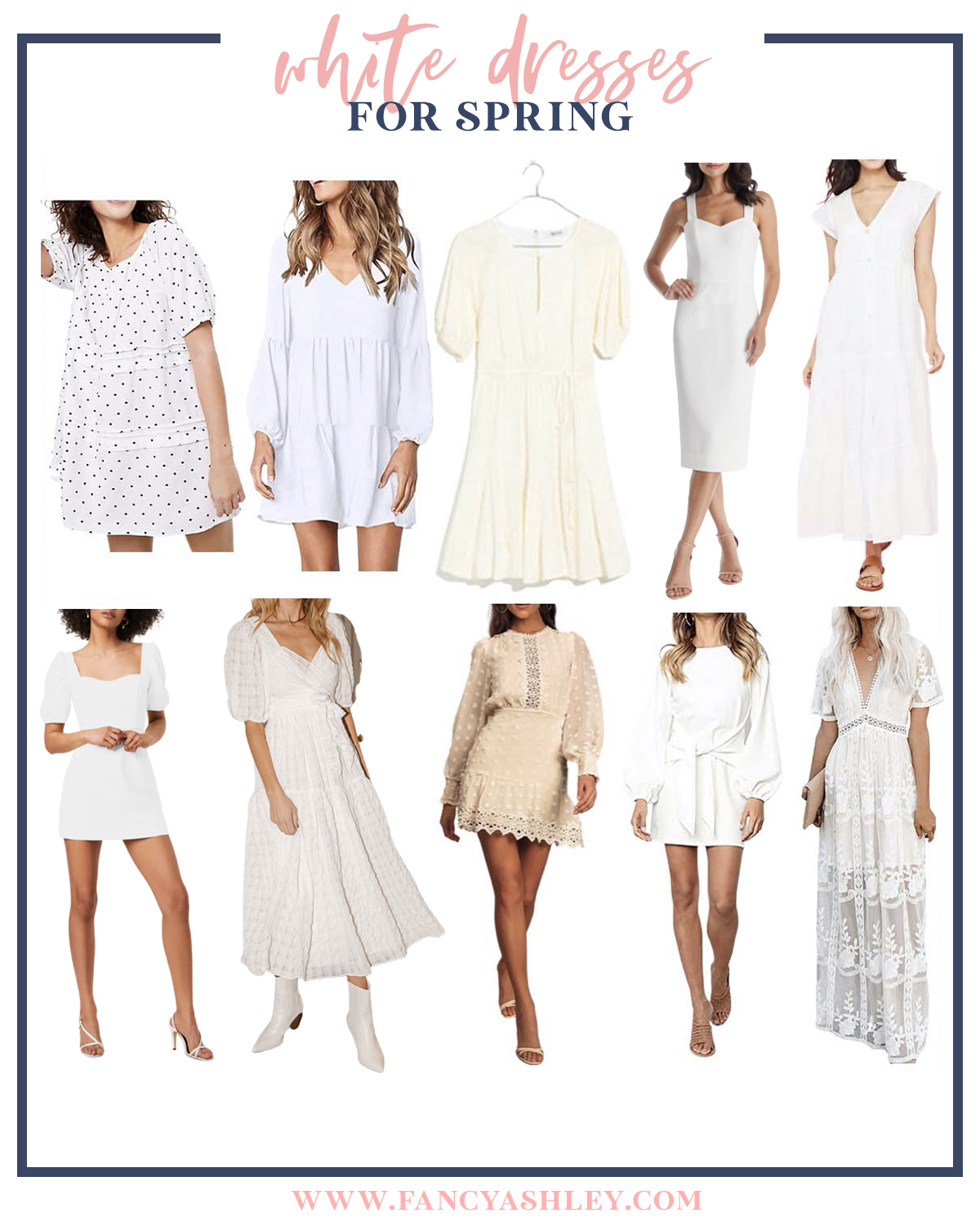 White Dresses by popular Houston fashion blog, Fancy Ashley: collage image of white dresses. 