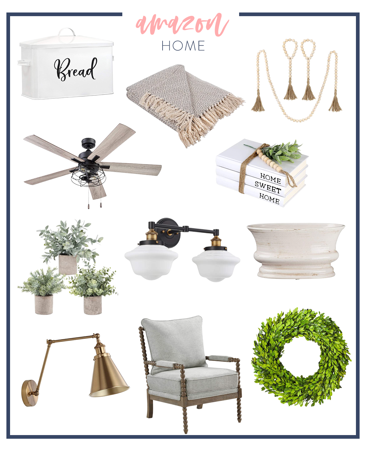 Amazon Home Favorites by popular Houston life and style blog, Fancy Ashley: collage image of a wood and metal ceiling fan, tin bread box, wooden bead garland, faux house plants, modern sconce lighting, white ceramic planter, gold sconce light, grey accent chair, black and cream throw blanket, and boxwood wreath. 