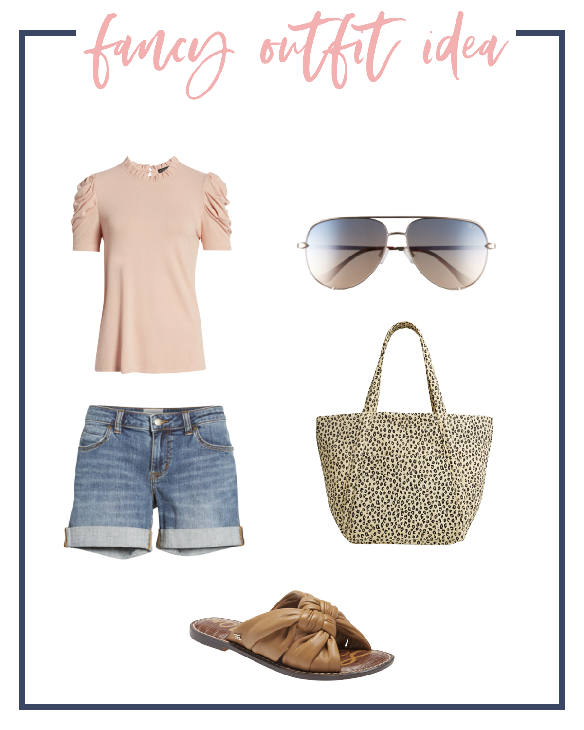 Denim Shorts by popular Houston fashion blog, Fancy Ashley: image of a pink shirt, denim roll up shorts, sunglasses, leopard print tote, brown slide sandals. 