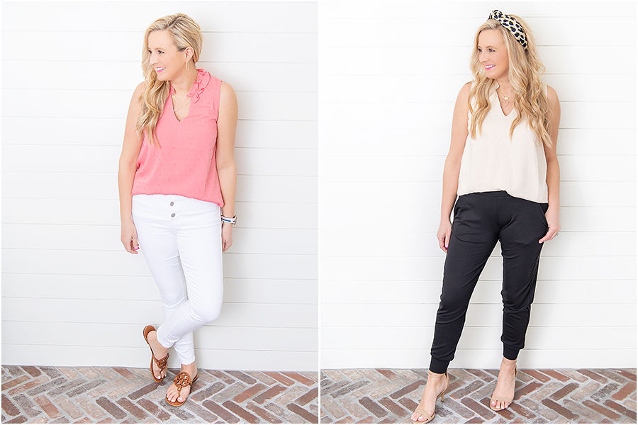 International Women's Day with Gibson by popular Houston fashion blog, Fancy Ashley: image of a woman wearing a Gibson ruffle neck tank top in pink and cream with white jeans and black jogger pants, and brown sandals and tan strappy sandals. 