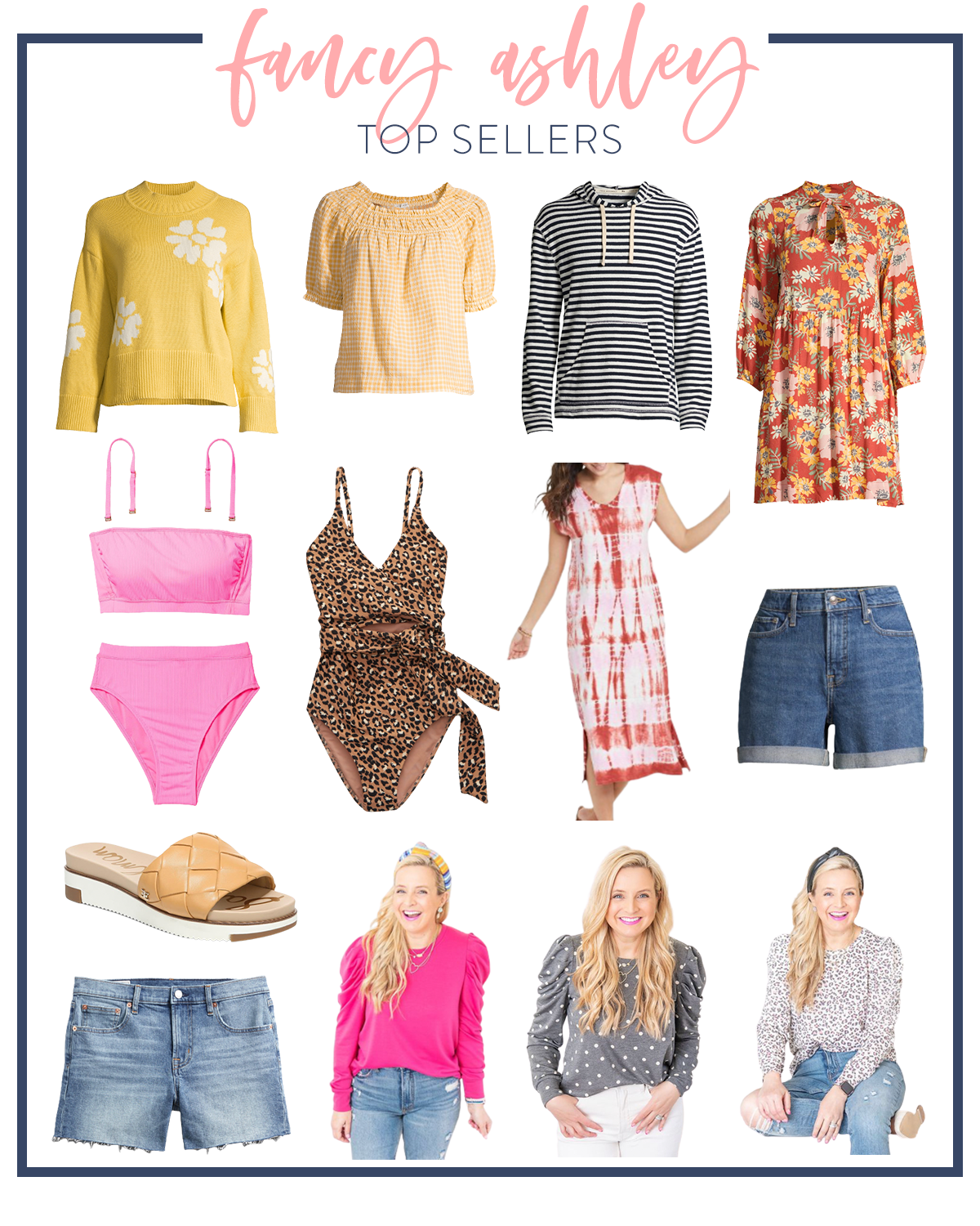 Top Sellers by popular Houston fashion blog, Fancy Ashley: collage image of a yellow and white floral print sweater, Yellow gingham puff sleeve top, black and white stripe hoodie, red floral print tie neck long sleeve dress, pink two piece swimsuit, leopard print one piece swimsuit, red and white tie dye maxi dress, denim shorts, tan slide sandals, pink puff sleeve shirt, grey and white polka dot puff sleeve top, and leopard print puff sleeve top. 