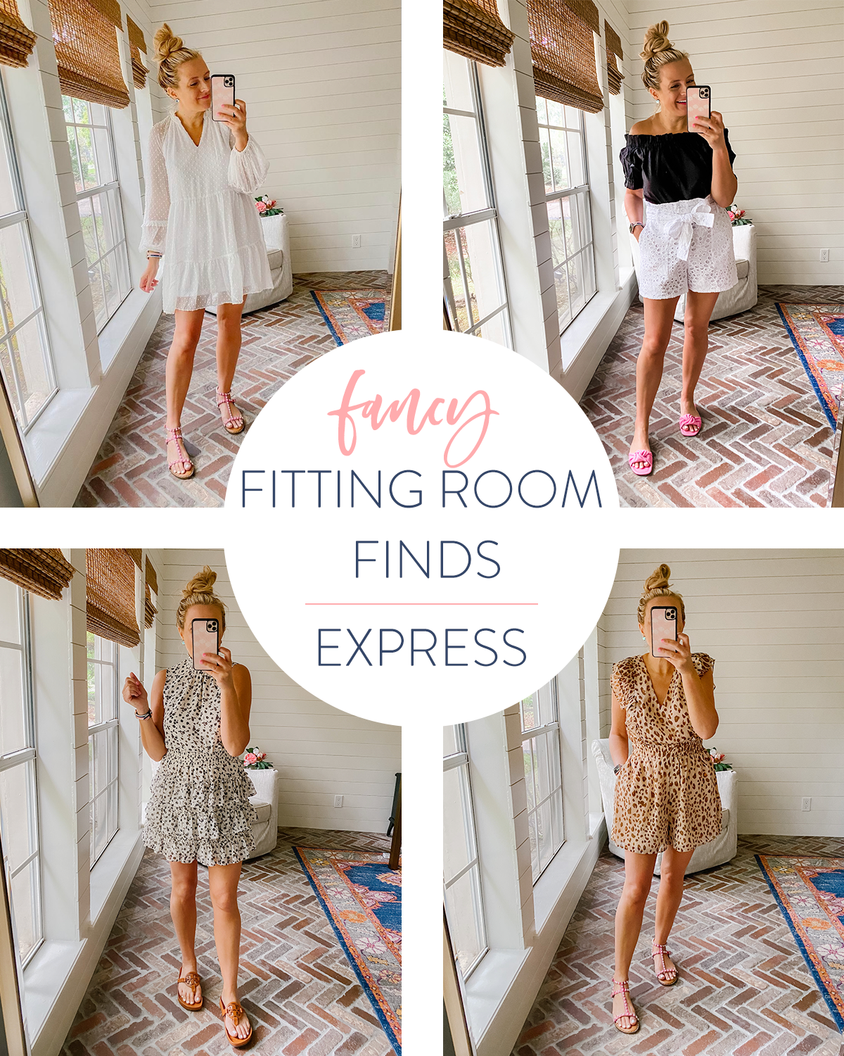 Express New Arrivals by popular Houston fashion blog, The House of Fancy: collage image of a woman wearing a Express Swiss dot dress, Express black off the shoulder top with Express white paper bag shorts, Express leopard print dress, and Express leopard print jumper. 