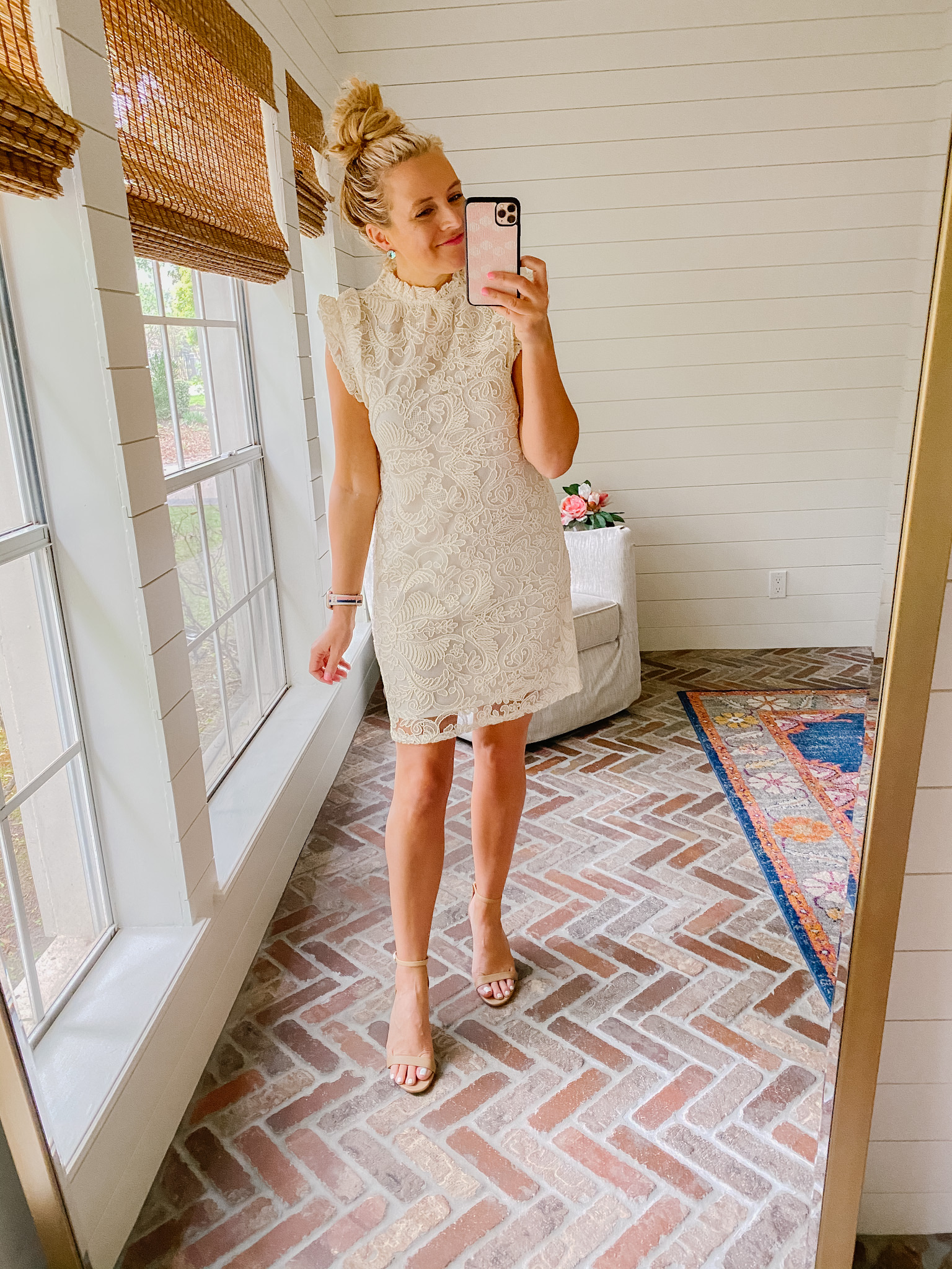 Express New Arrivals by popular Houston fashion blog, The House of Fancy: image of a woman wearing a Express cream lace mock neck dress with tan block heel sandals. 