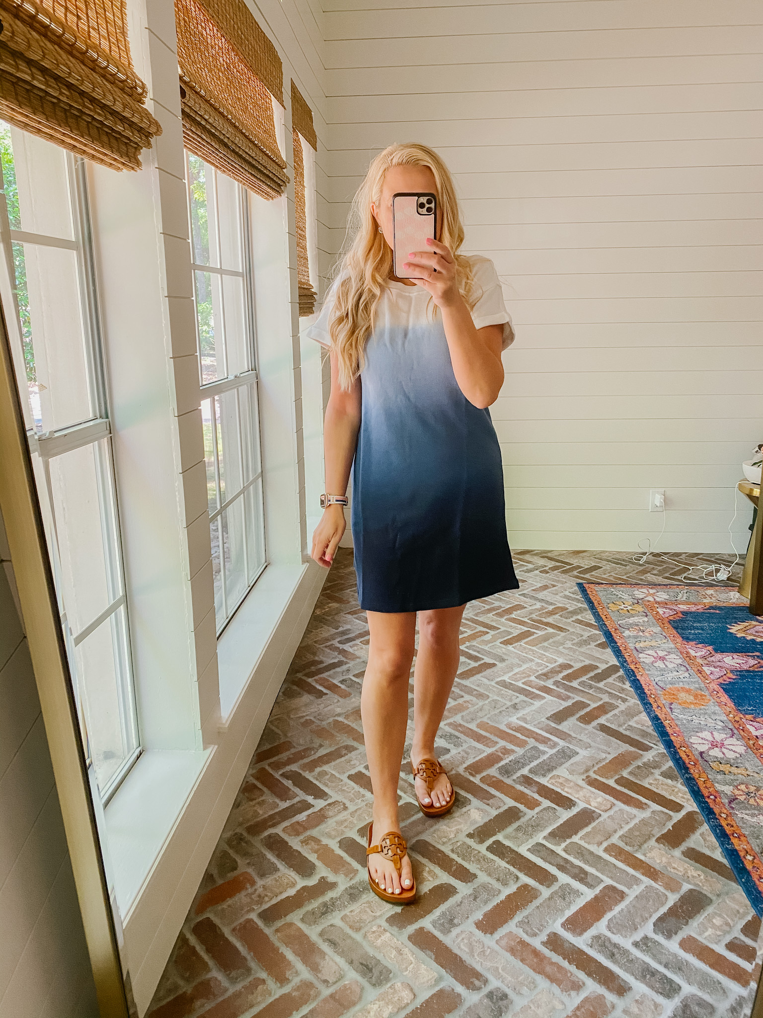 Loft Clothing by popular Houston fashion blog, The House of Fancy: image of a woman wearing a Loft blue ombre dress with brown Tory Burch slide sandals. 
