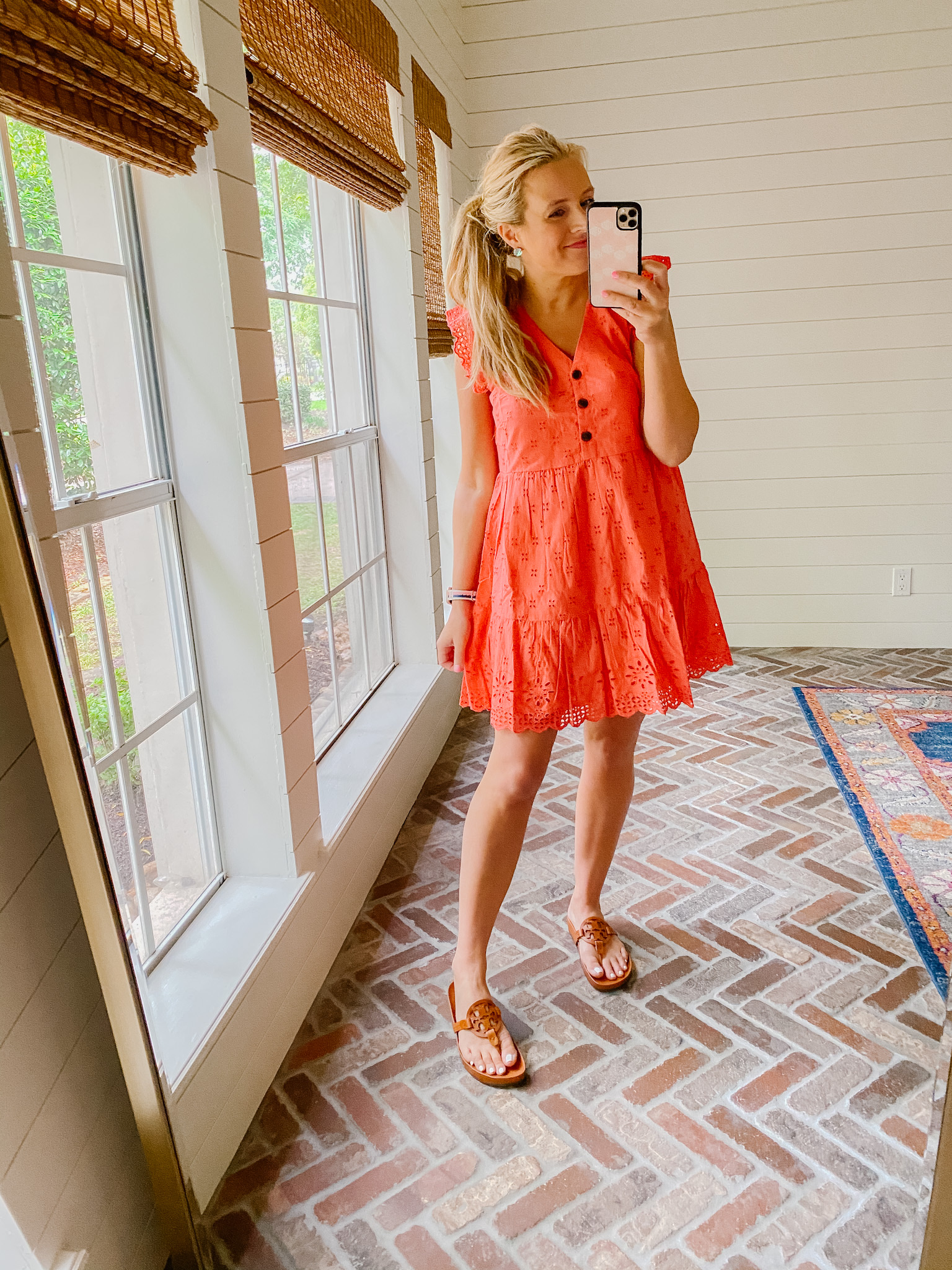 Loft Clothing by popular Houston fashion blog, The House of Fancy: image of a woman wearing a red Loft eyelet dress with brown Tory Burch slide sandals. 