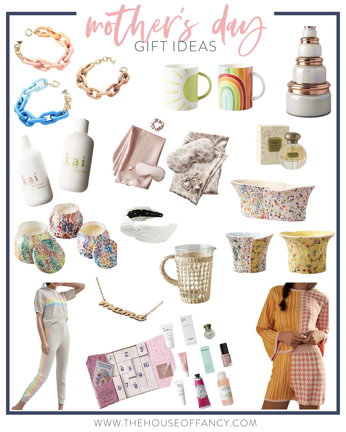 Mother's Day Gift Ideas by popular Houston life and style blog, The House of Fancy: collage image of chainlink bracelets, ceramic pots, pj sets, beauty advent calendar, perfume, water pitcher, rainbow and sunshine mug, knot headband, candles, and mama necklace. 