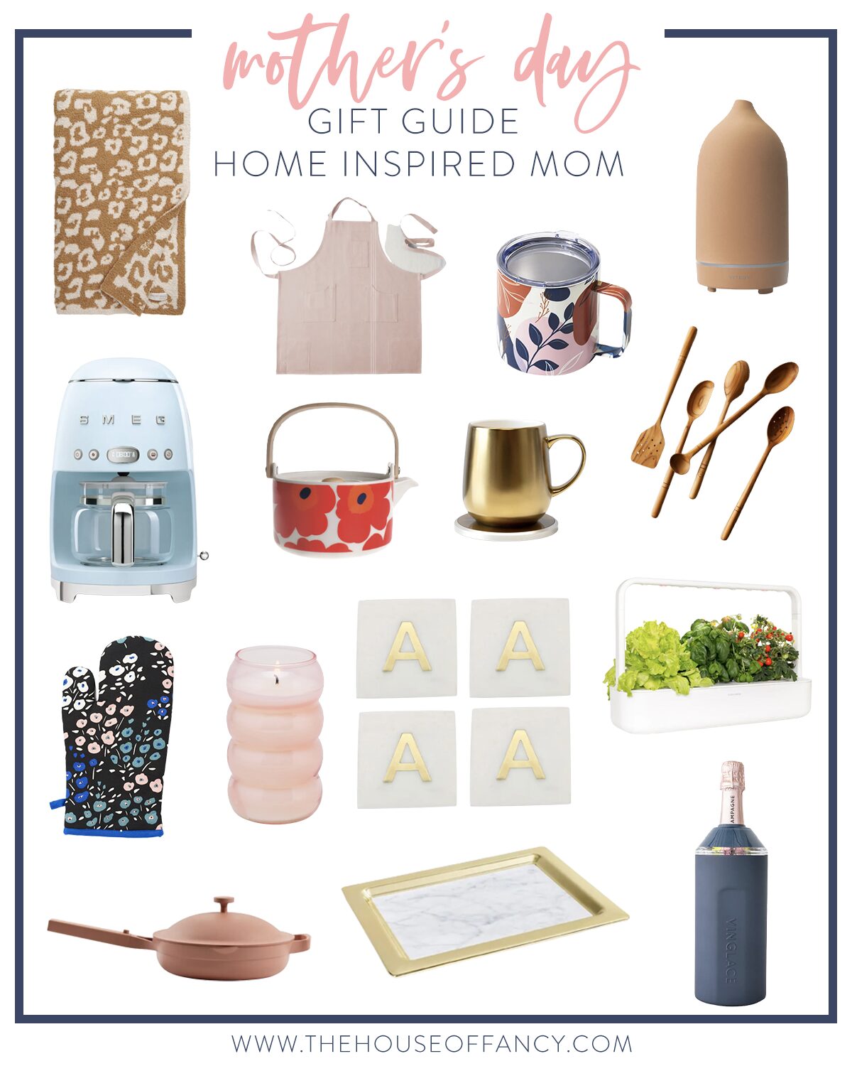 Mother's Day Gift Ideas by popular Houston life and style blog, The House of Fancy: collage image of a leopard print bracelet, oven mit, Always pan, monogram coasters, coffee maker, apron, mug warmer, kitchen utensils, and gold serving tray. 