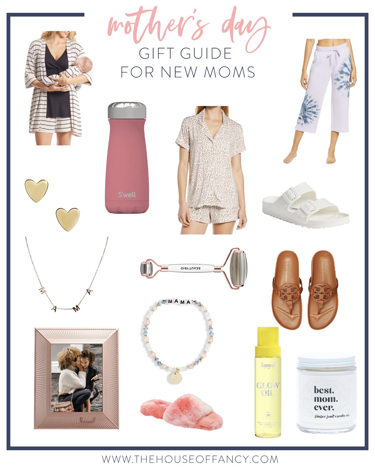 Mother's Day Gift Ideas by popular Houston life and style blog, The House of Fancy: collage image of heart post earrings, mama necklace, face roller, Tory Burch slide sandals, fuzzy slippers, digital picture frame, white Birkenstock sandals, mommy and me pj set, leopard print pj set, and best mom ever candle. 