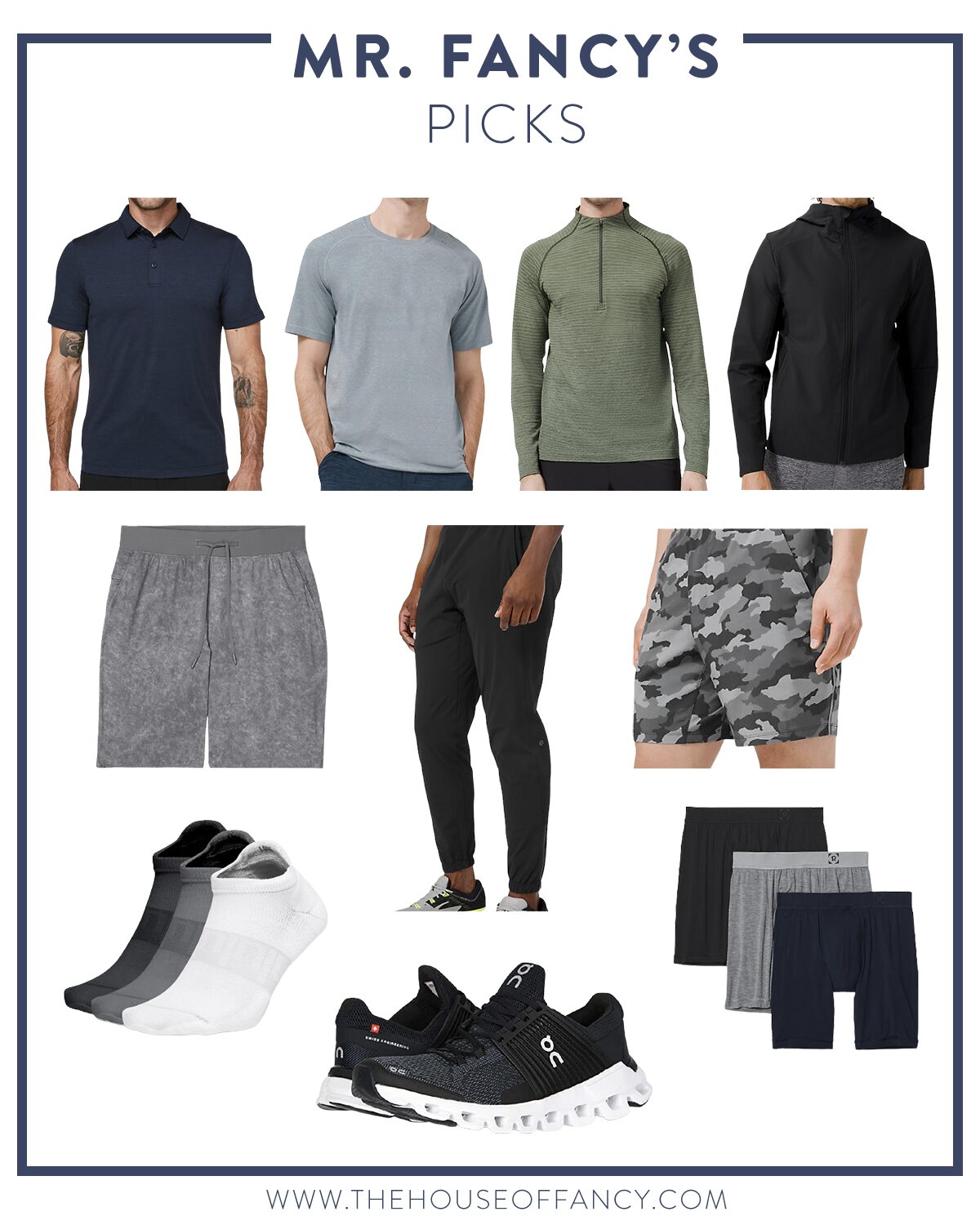 Men's Workout Gear by popular Houston fashion blog, The House of Fancy: collage image of Lululemon shirts, shorts, joggers, boxers, sneakers, and socks. 