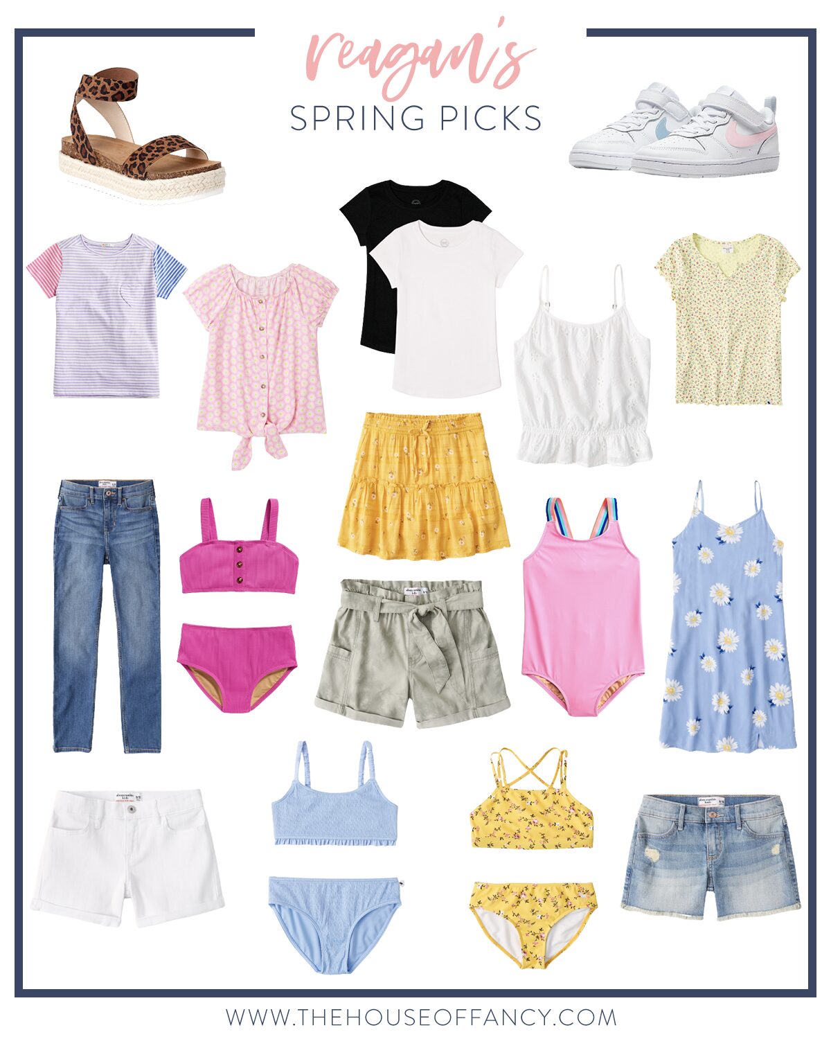 Spring Clothing by popular Houston fashion blog, The House of Fancy: collage image of shirts, tanks, shorts, skirts, two piece swimsuits, white sneakers, and leopard print sandals. 