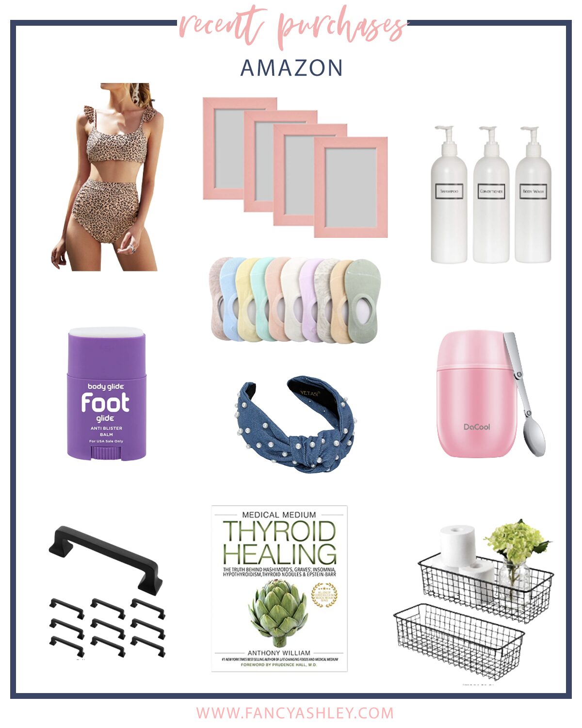 Recent Amazon Purchases by popular Houston fashion blog, The House of Fancy: collage image of a leopard print two piece swimsuit, pink picture frames, pearl knot headbands, drawer pulls, thyroid healing books, black metal wire baskets, travel spoon, crew socks, shampoo bottle set, foot glide stick, and insulated lunch container.