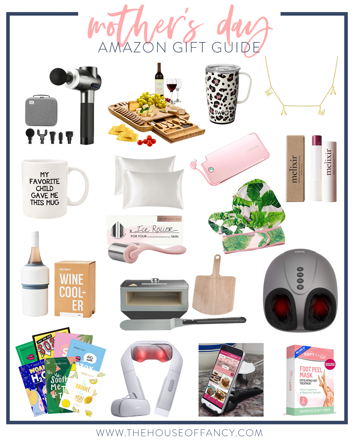 Amazon Mother's Day Gifts by popular Houston life and style blog, The House of Fancy: collage image of a Amazon favorite child mug, back massager, charcuterie board, leopard print thermos mug, mama necklace, foot massager, pizza oven, wine cooler, neck massager, smartphone stand, foot peel mask, and silk pillow cases. 
