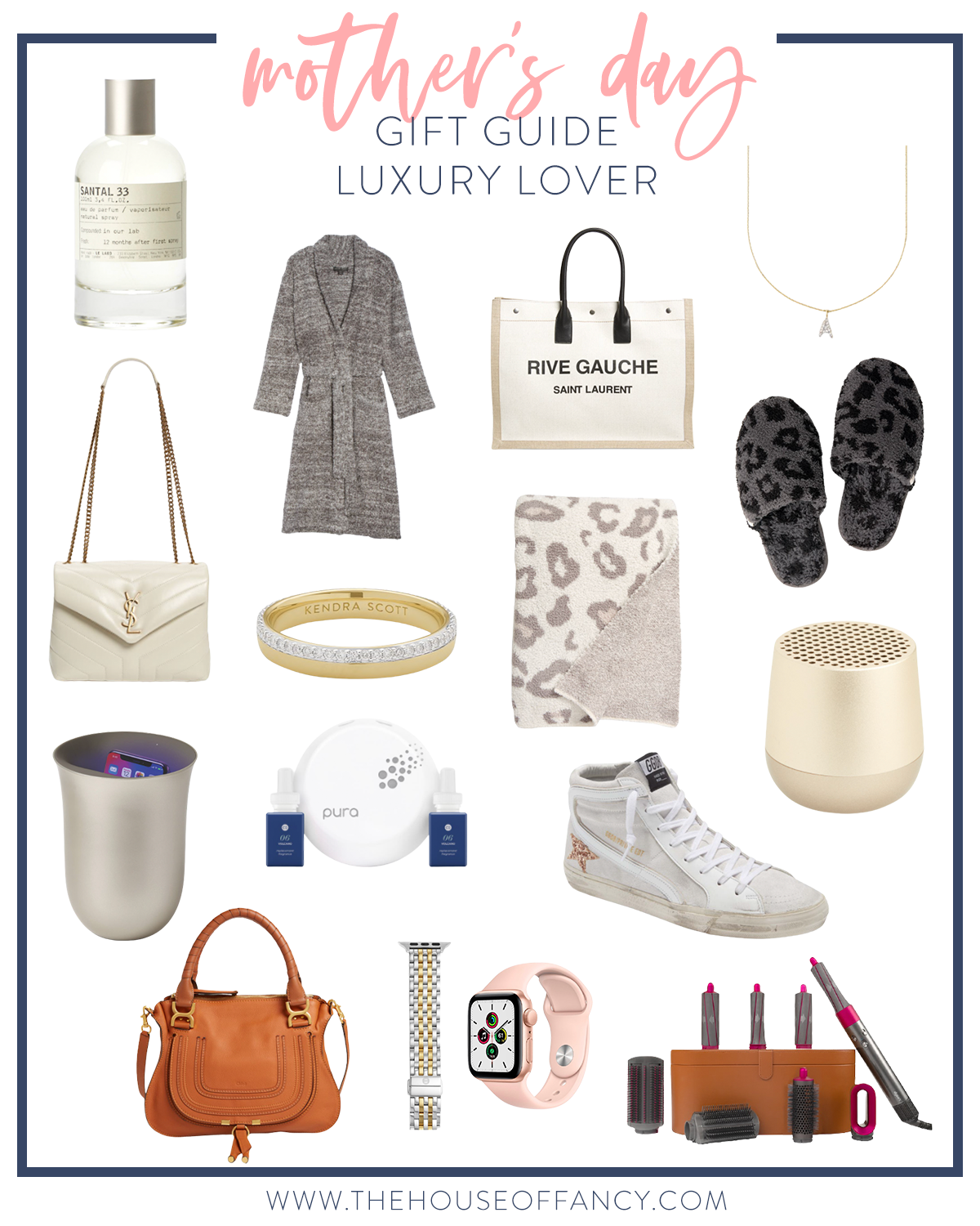 Mother's Day Gift Ideas by popular Houston life and style blog, The House of Fancy: collage image of leopard print blanket, UV sanitizer, brown saddle bag, Dyson curling wand, apple watch band, leopard print slippers, Rive Gauche bag, initial necklace, Golden Goose sneakers, and a bluetooth speaker.