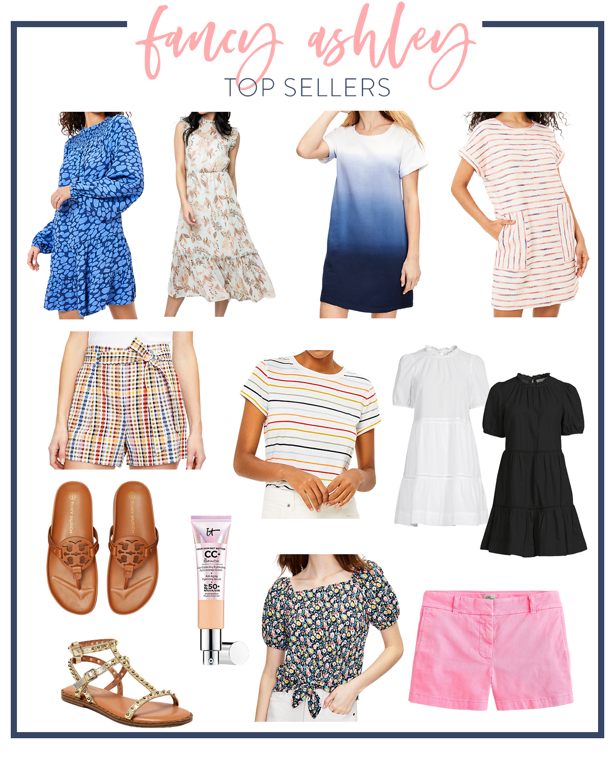 Top Sellers by popular Houston fashion blog, The House of Fancy: collage image of a floral print dress, blue ombre dress, multi color stripe dress, multi color plaid paper bag shorts, multi color stripe shirt, white and black tier dress, brown Tory Burch slide sandals, floral print puff sleeve shirt, It cosmetics CC cream, pink shorts, blue leopard print dress, and studded gold strap sandals. 